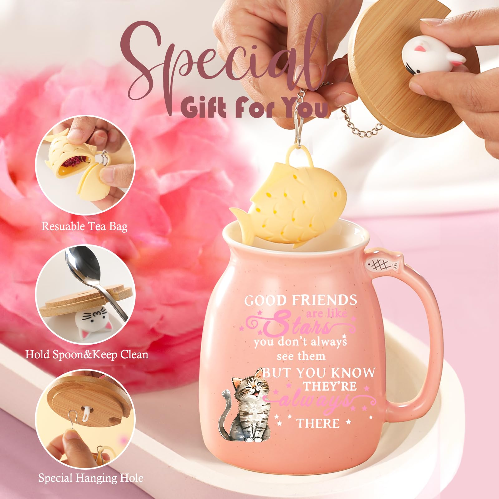 Friendship Gifts for Women Cute Cat Mugs Birthday Bestie Gifts for Women Kawaii Stuff Tea Cup Christmas Gifts Best Friend Bestie