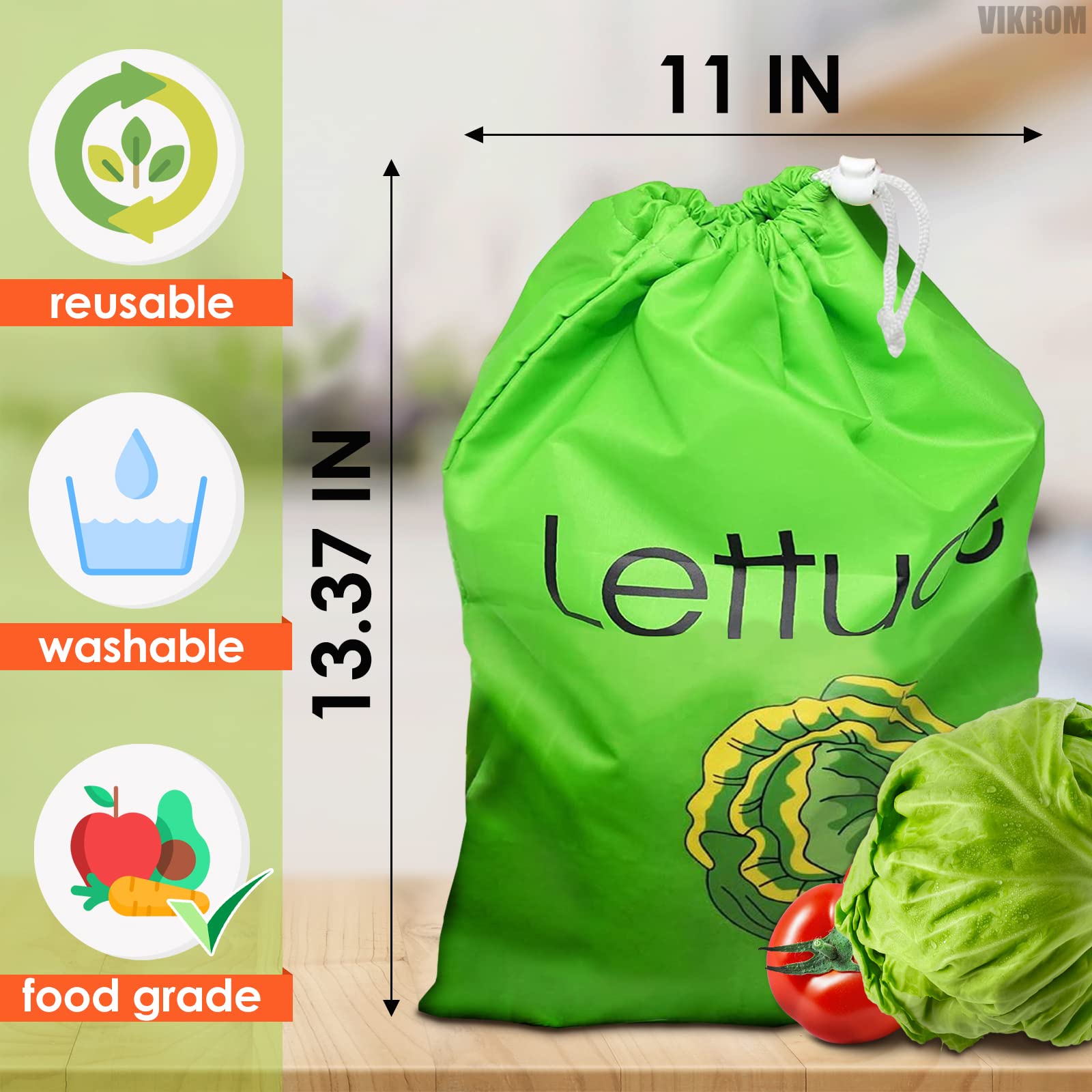 Lettuce Produce Bag - Reusable Grocery Bags With Double Drawstrings For Shopping & Storage Tote Saver For Celery Fruit Vegetable