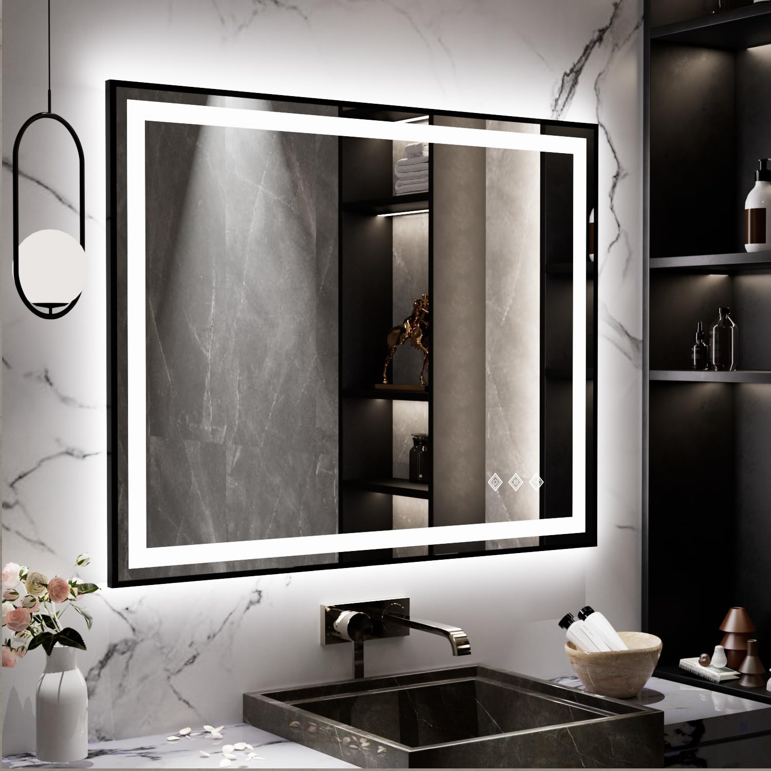 Vanpokins Led Mirror, 40X32 Inch Black Framed Gradient Front And Backlit Bathroom Mirror With Lights, 3 Colors Dimmable Cri>90,