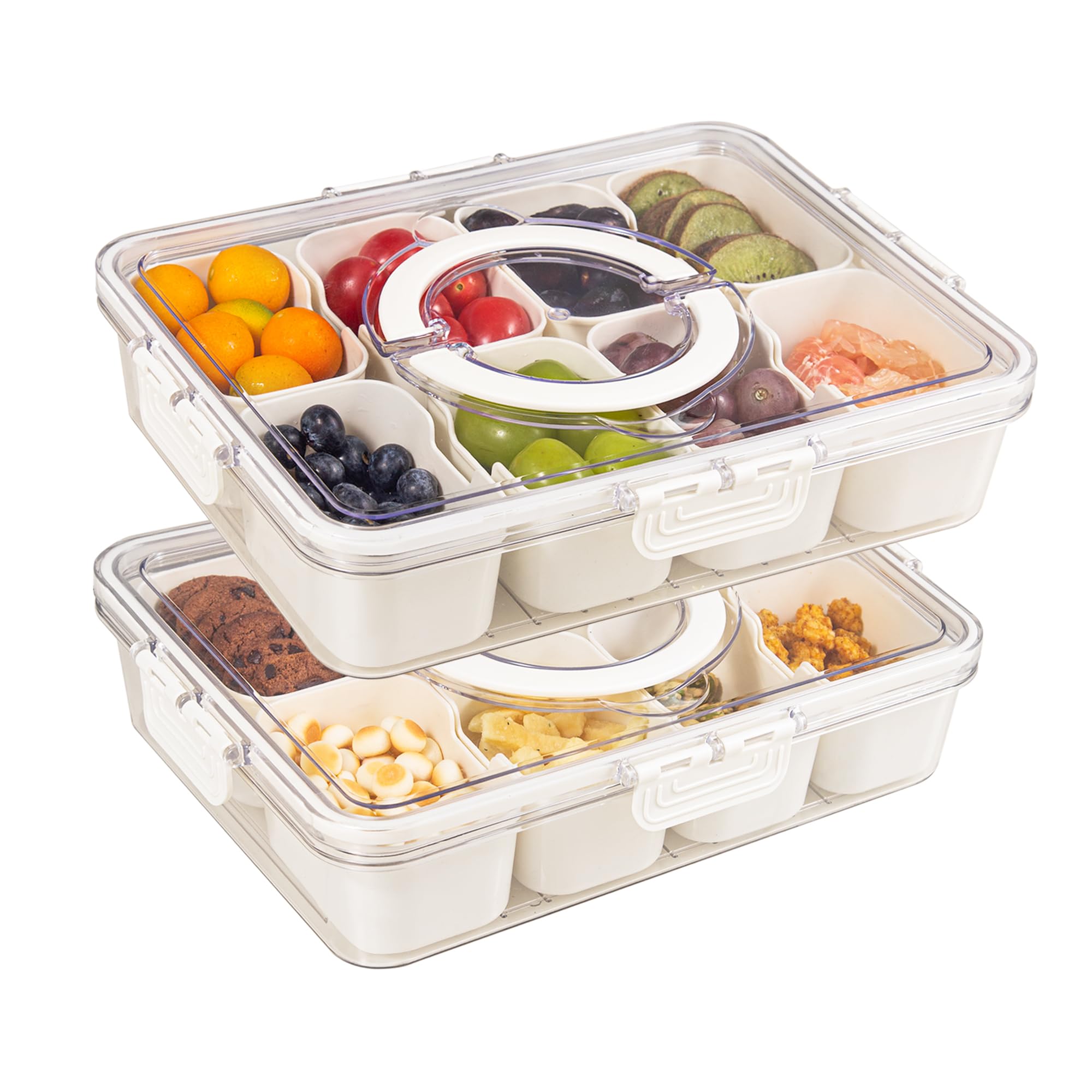 Zaboro 2 Pack Snackle Box Container with 8 Compartments, Clear Divided Serving Tray with Lid and Handle, Snack Bento Box for Cha