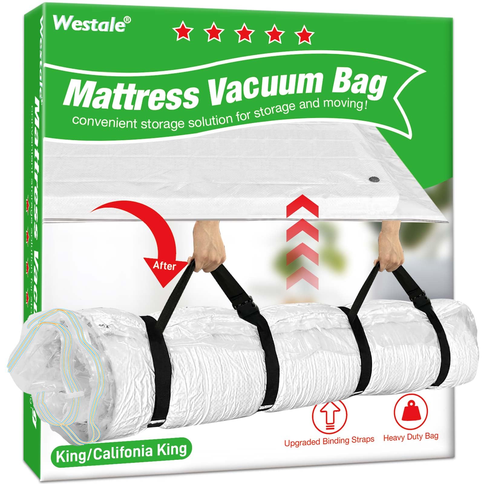 Westale Mattress Vacuum Bag King/California King New Upgraded Straps For Moving Leakproof Double Zip Seal Mattress Compression V