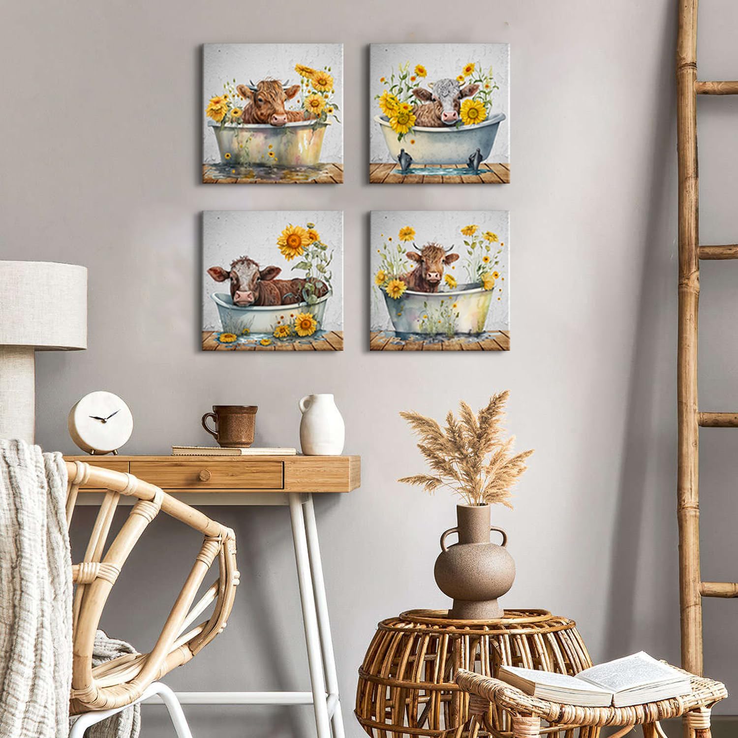 Cow Pictures Wall Decor Rustic Farmhouse Sunflower Highland Cow Wall Art Bathroom Decor Funny Cattle In Bathtub Canvas Prints Ar