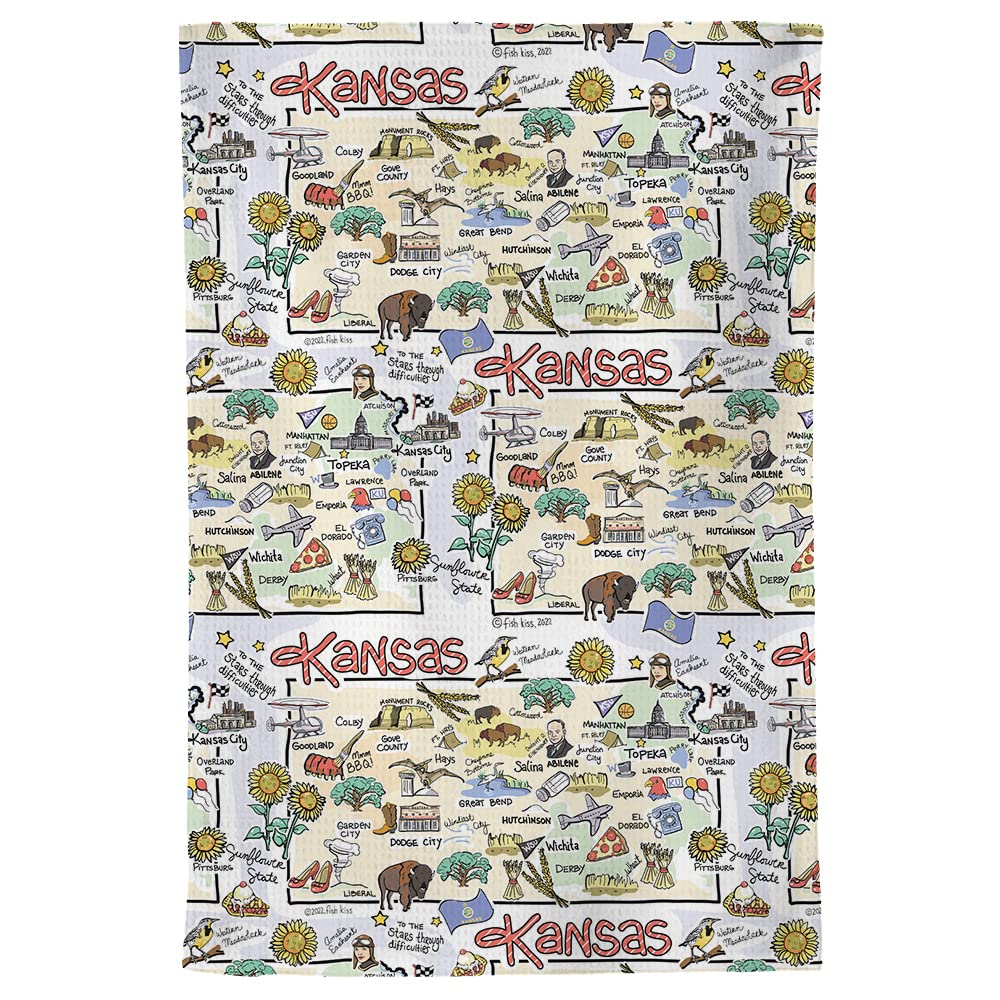 Fish Kiss 16''X24'' Kansas Map Towel Is 100% Microfiber Waffle Weave Help You Explore In Detail - Our Super Absorbent & Soft, Ma