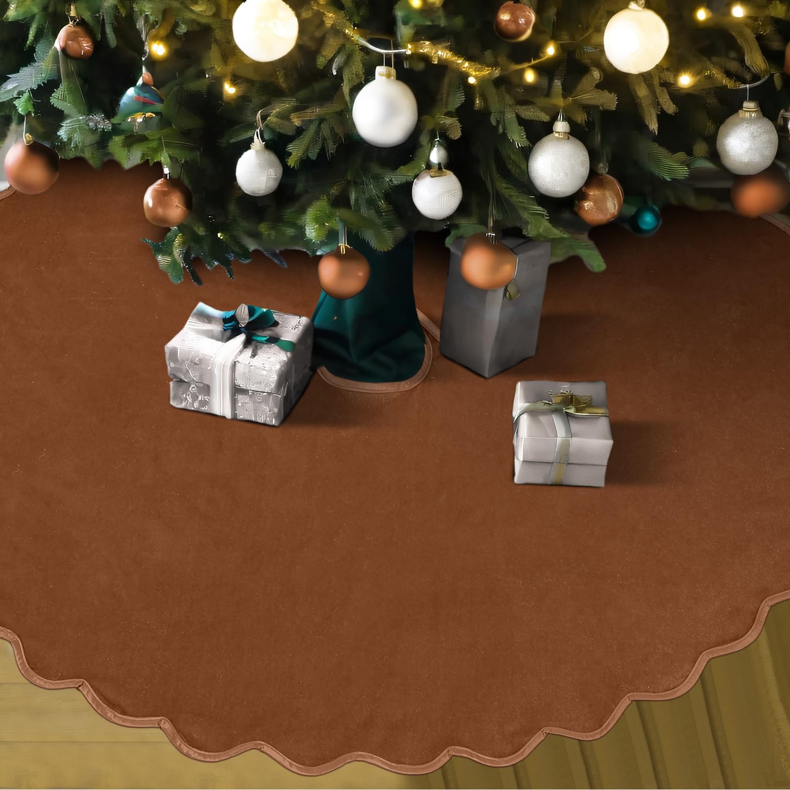 RoundFunny Brown Christmas Tree Skirt 48 Inches Neutral Velvet Christmas Tree Skirts Modern Scalloped Edge Xmas Decorations Mini