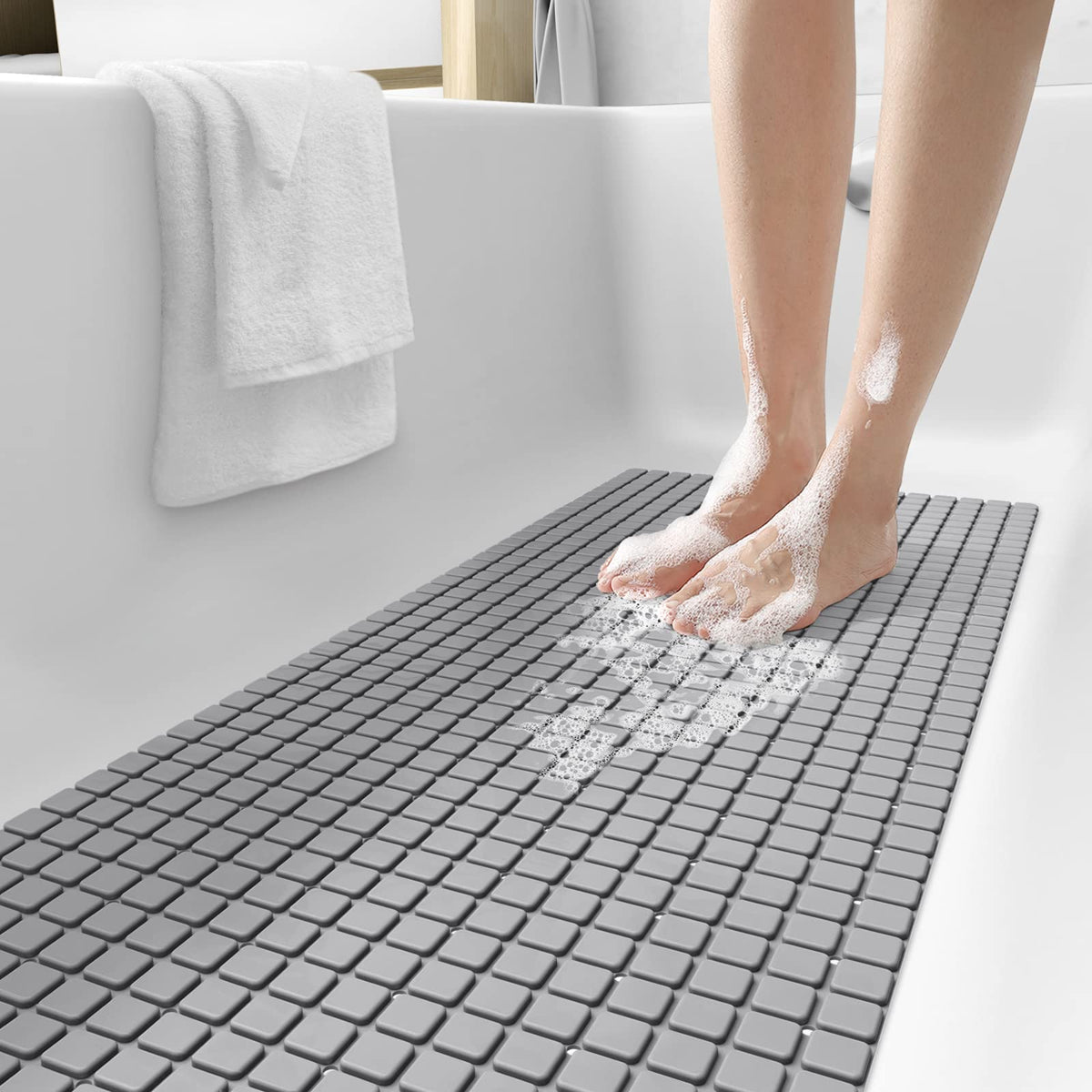 Dexi Bath Tub Shower Mat Non-Slip 16 X 39 Extra Long Bathtub Mats, Suction Cups, Drain Holes, Machine Washable Bathroom Mat, Gre