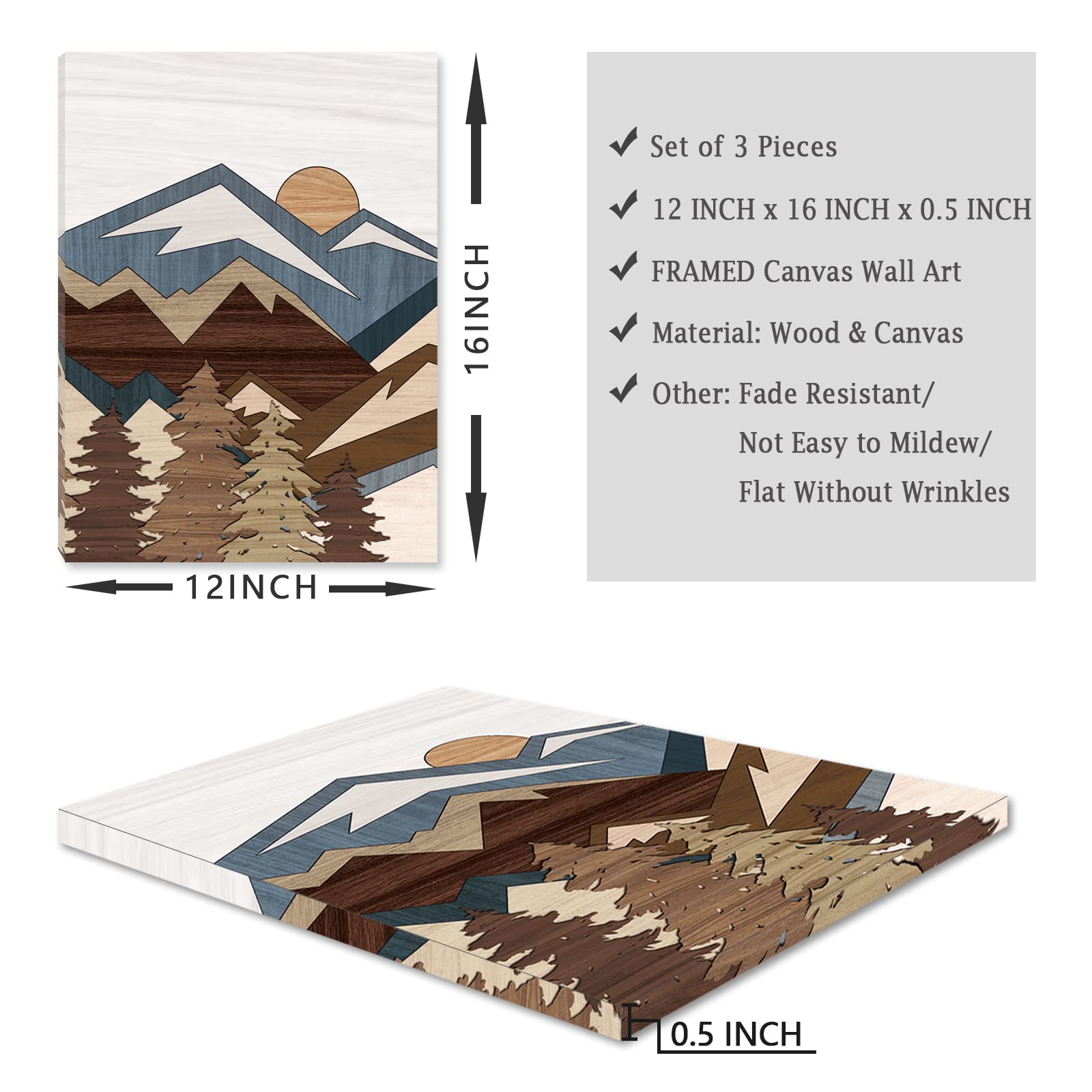 Bincue Boho Mountain Wall Art Framed Mountains Office Canvas 3 Piece Artwork 12X16 Inch For Living Room Bedroom D  Cor