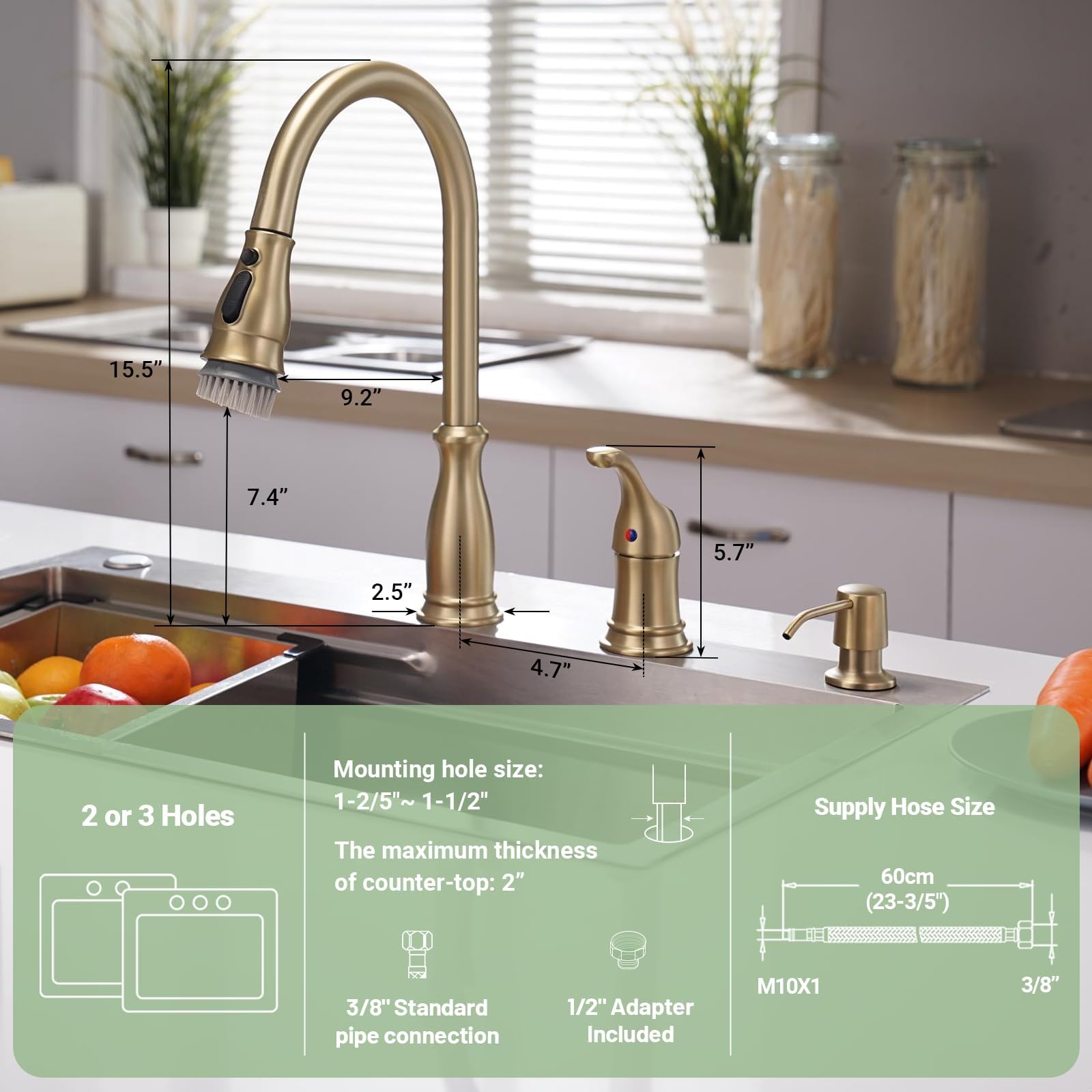 Appaso Gold Kitchen Faucet 3 Hole, Brushed Gold Kitchen Faucet With Soap Dispenser And Pull Down 3-Mode Sprayer, Solid Brass Hig