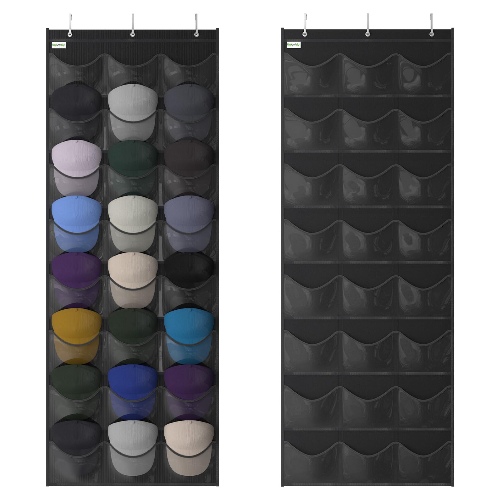 Unjumbly Over-The-Door Baseball Cap Organizer, 24 Pocket Oxford 600D Fabric Rack, Black