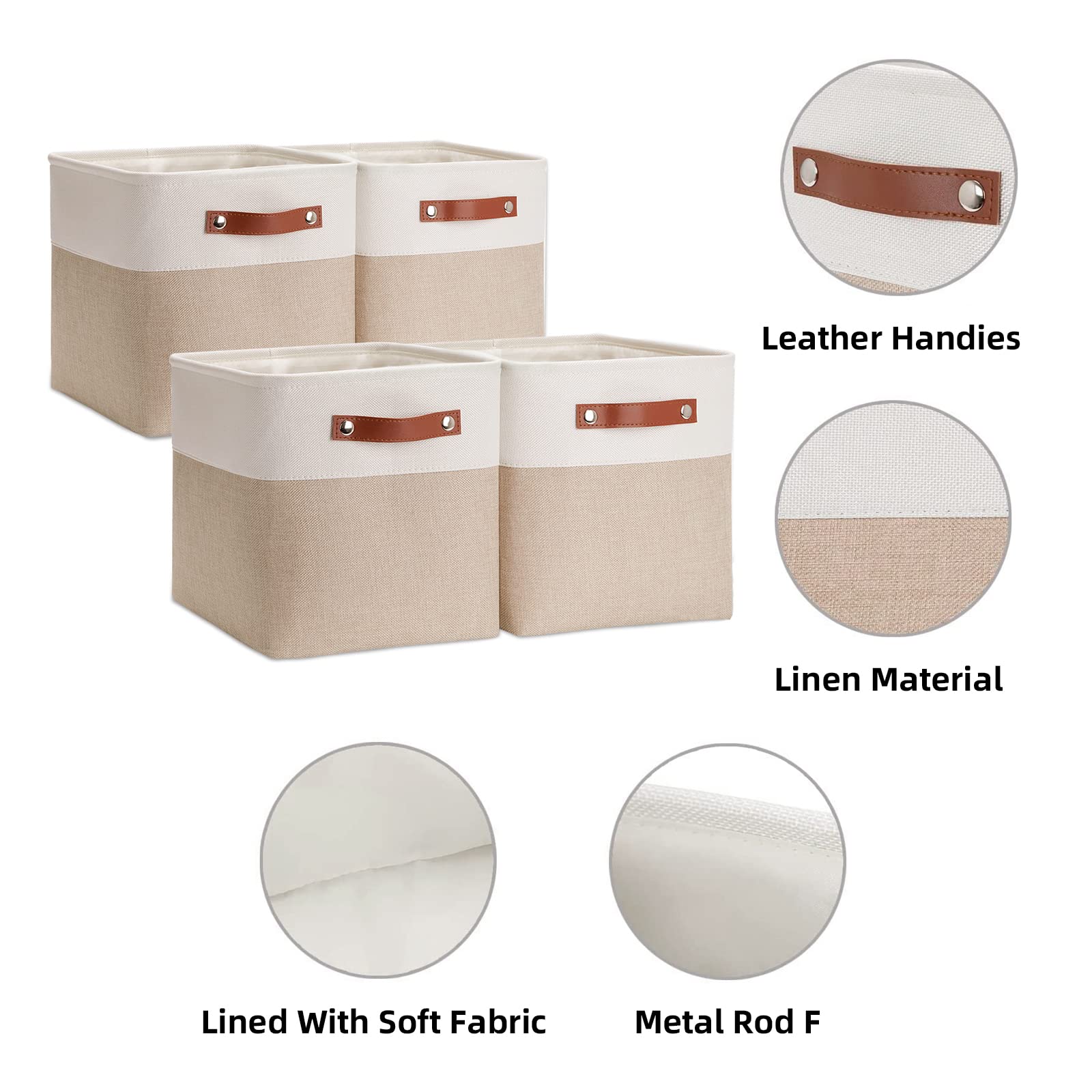 HNZIGE Foldable (4 Pack ) Storage Baskets for Shelves  Organizing Closet 12x12 Baskets for Cube Storage Home Organization with Handles(White&Beige )