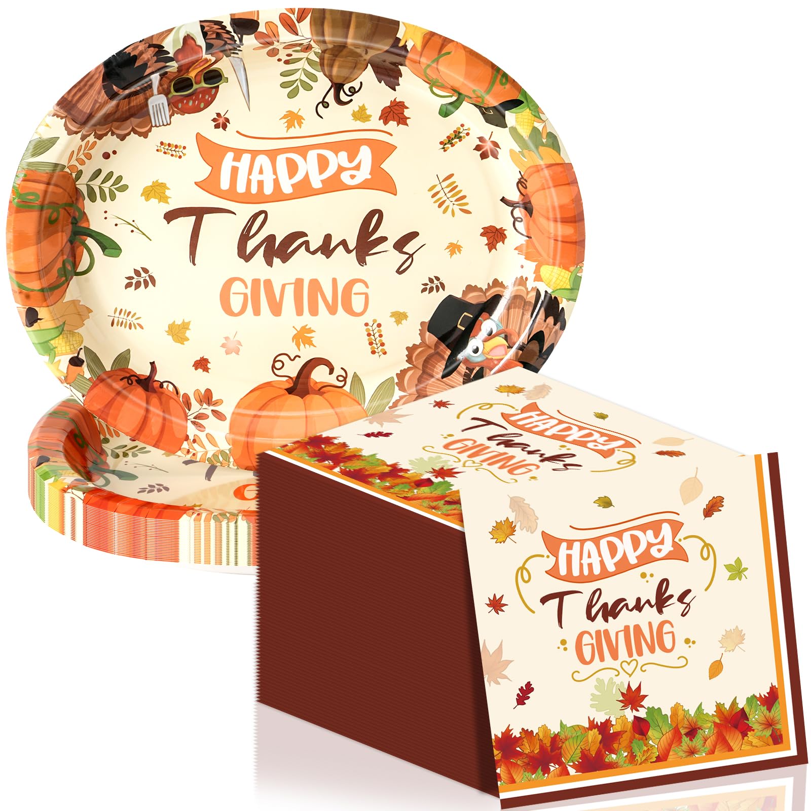 KTCNMER 50Pcs Thanksgiving Large 12 x 10 Oval Paper Plates and Napkins Disposable Heavy Duty Paper Plates and Napkins for Thanks