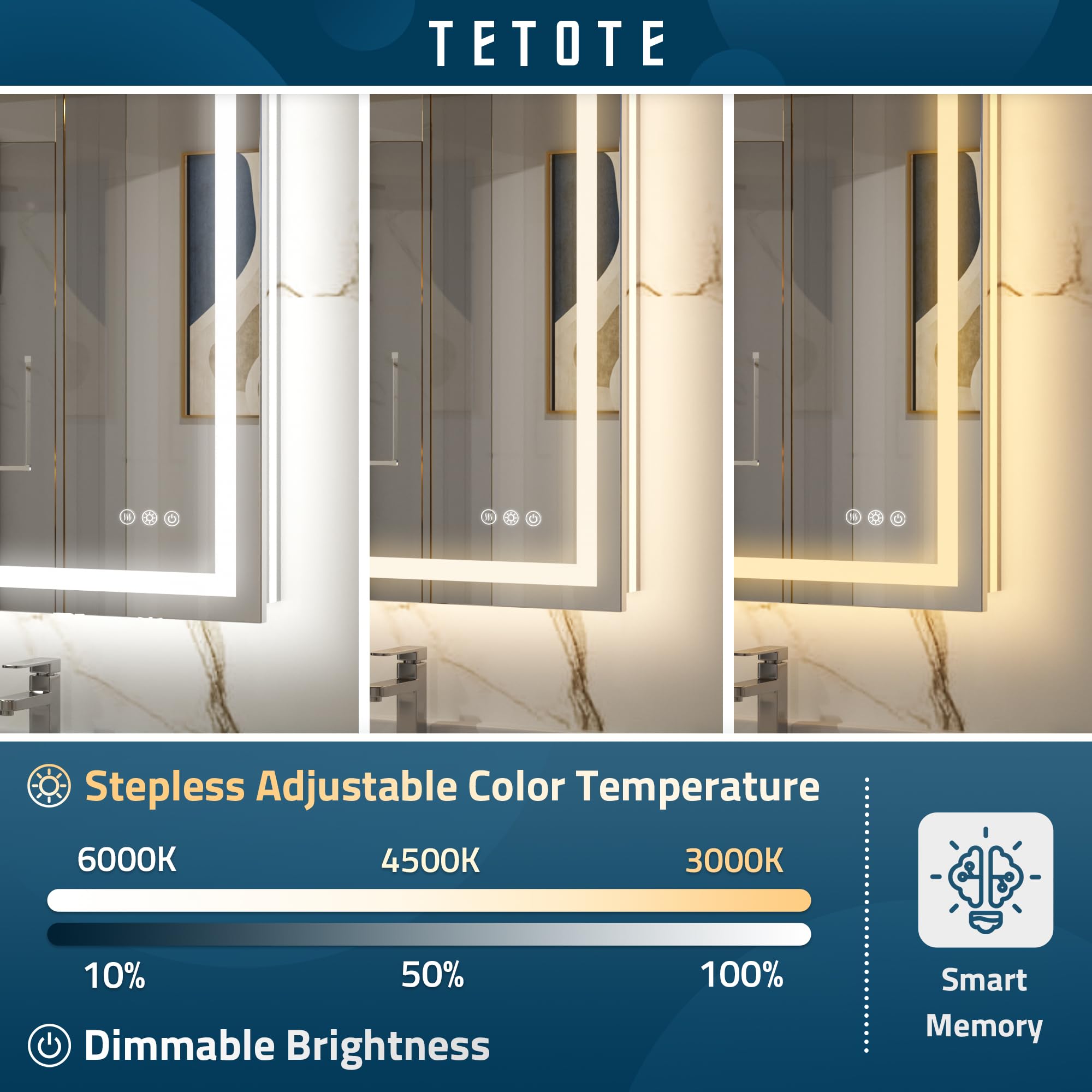 TETOTE LED Vanity Mirror 48 x 24 Lighted Bathroom Mirror Dimmable & Anti-Fog Function Makeup Mirror with Lights Bedroom LED Mirr