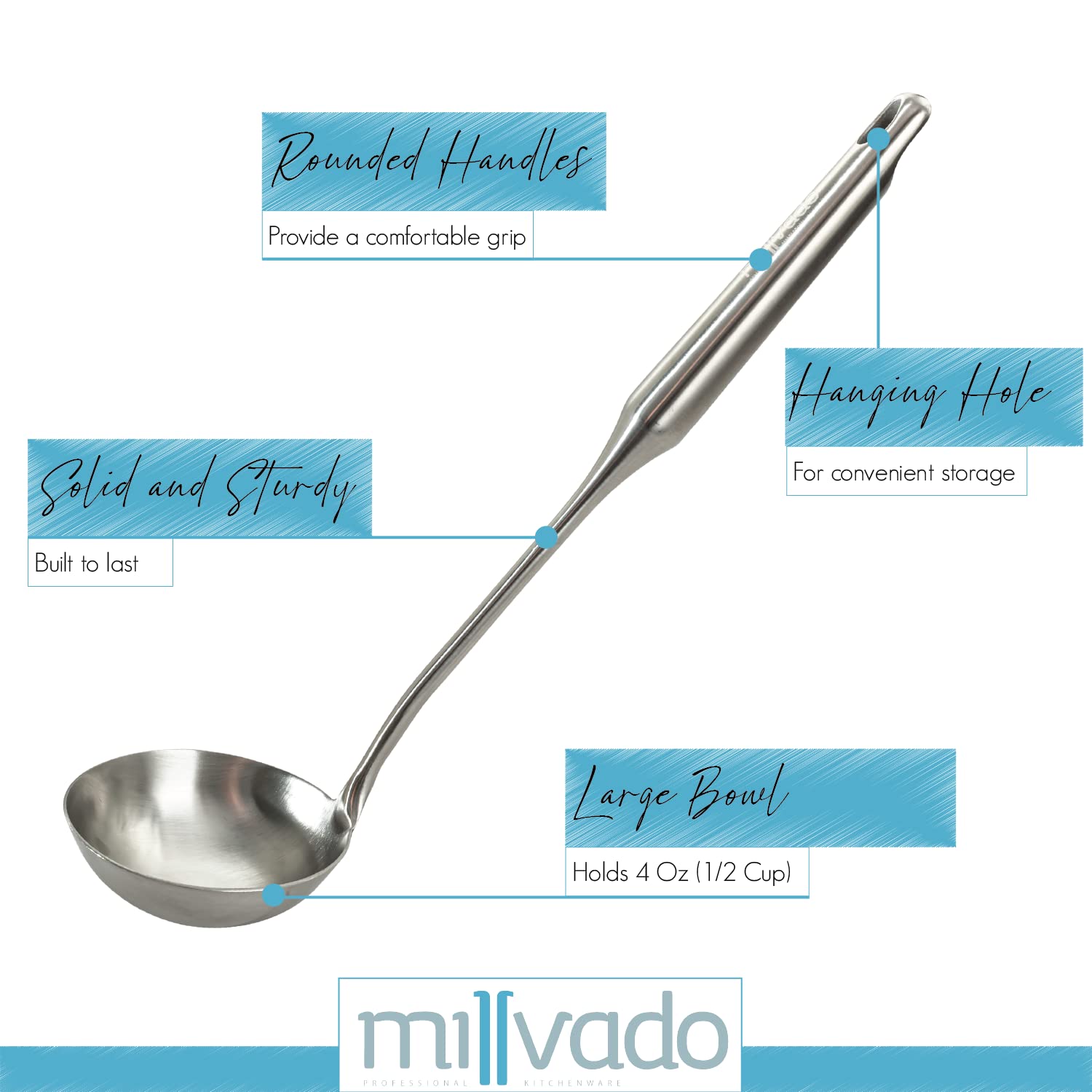 Millvado Ladle, Stainless Steel Soup Ladle, Metal Ladle For Serving Or Cooking Hot Soup, Dishwasher Safe, Heavy-Duty Cookware An