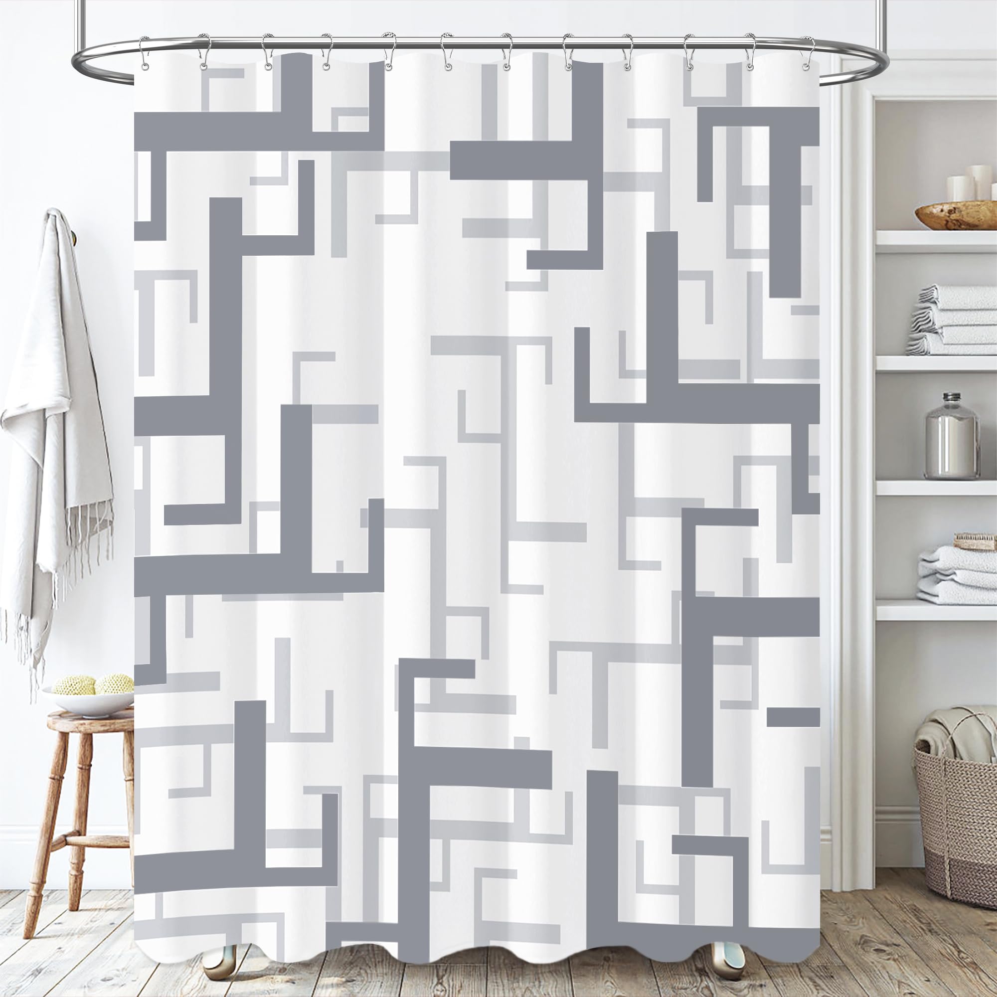 BTTN Grey/Gray Shower Curtain  Geometric Fabric Shower Curtain Set with 12 Plastic Hooks  Water Repellent  Machine Washable  Abstract Modern Decorative Thick Cloth Shower Curtains for Bathroom  72x72