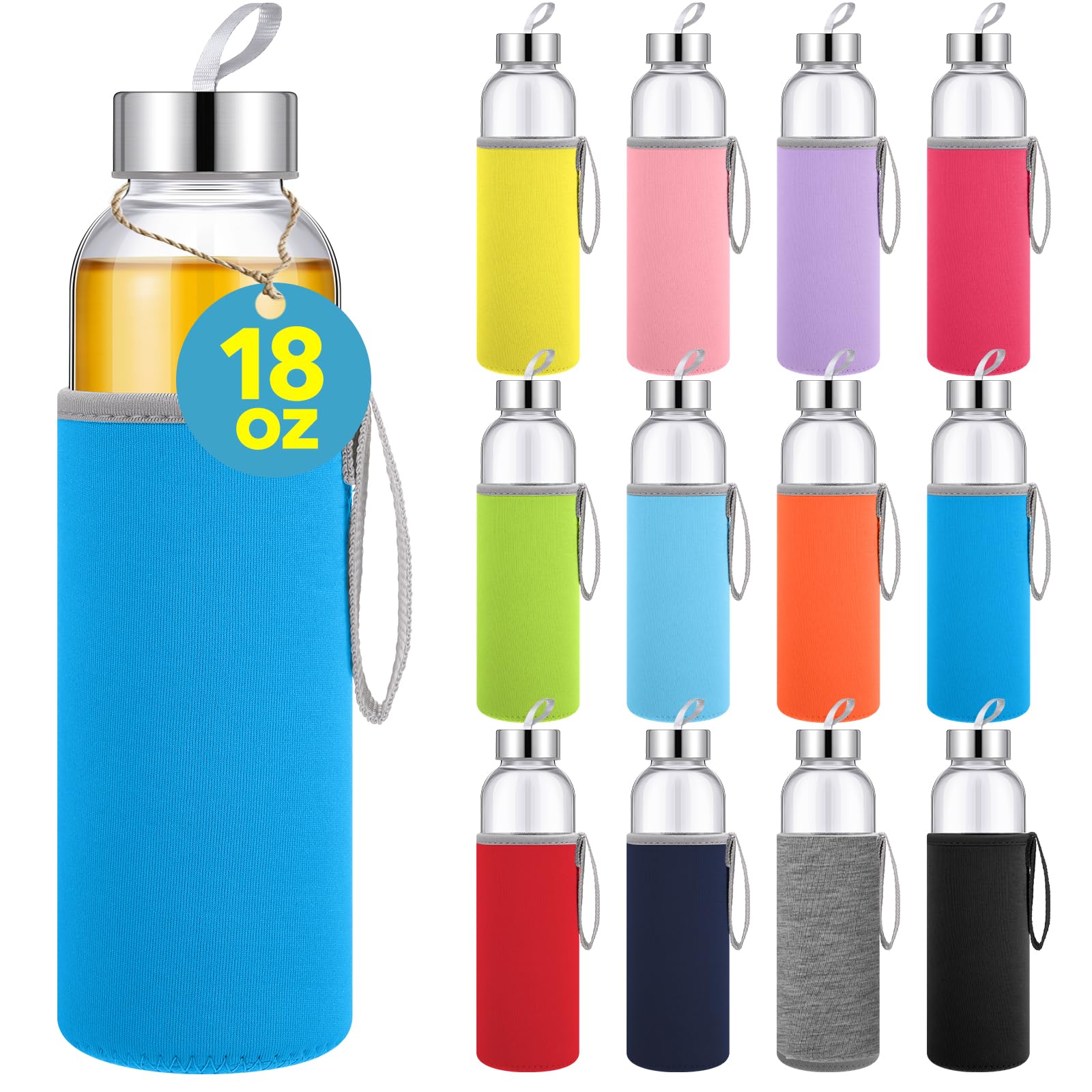 Vesici 12 Set 18 oz Clear Glass Water Bottle, Reusable Glass Juicing Bottles with Protection Sleeve and Stainless Steel Leak Pro