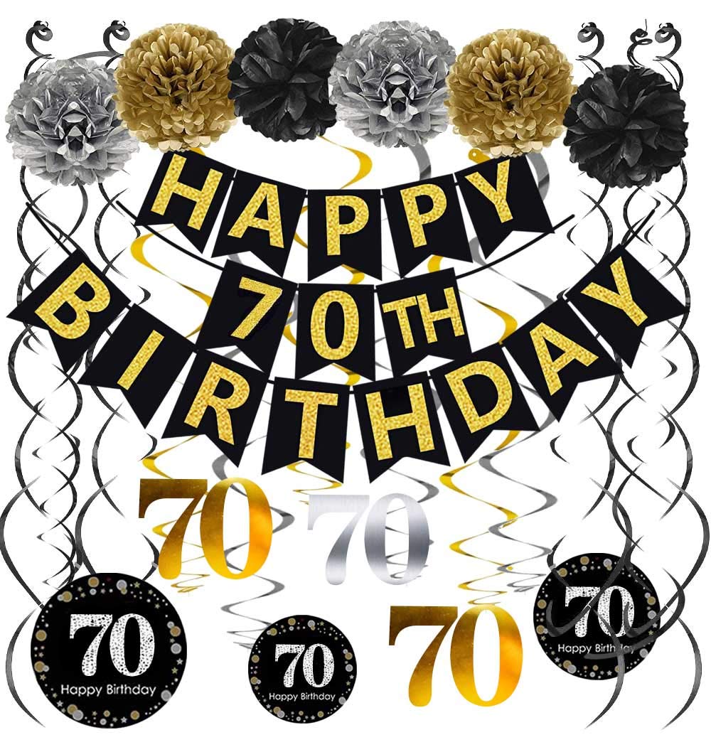 Famoby Black & Gold Glittery Happy 70Th Birthday Banner,Poms,Sparkling 70 Hanging Swirls Kit For 70Th Birthday Party 70Th Annive