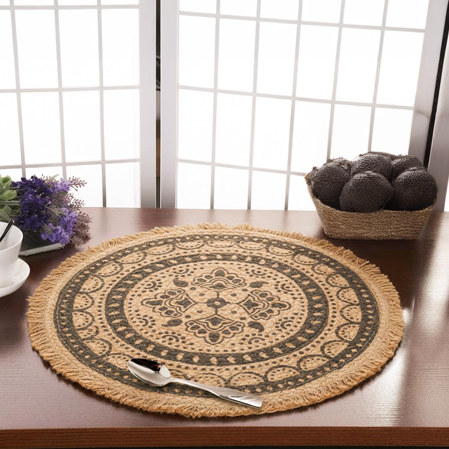 Prettykrafts Printed Jute Round Mat | 40X40 Cm | Handwoven Eco-Friendly Floor Rug For Living Room, Bedroom & Home Dcor | Soft, D