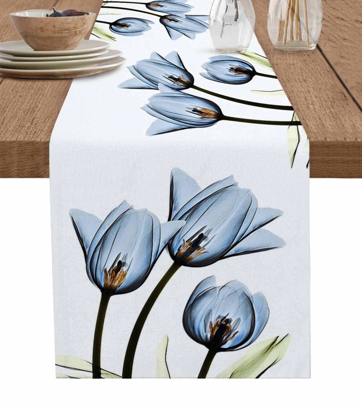 Floral Table Runner-Blue Tulip Cotton Linen-Long 120 Inche Dresser Scarves,Flower Rustic Tablerunner For Kitchen Coffee/Dining T