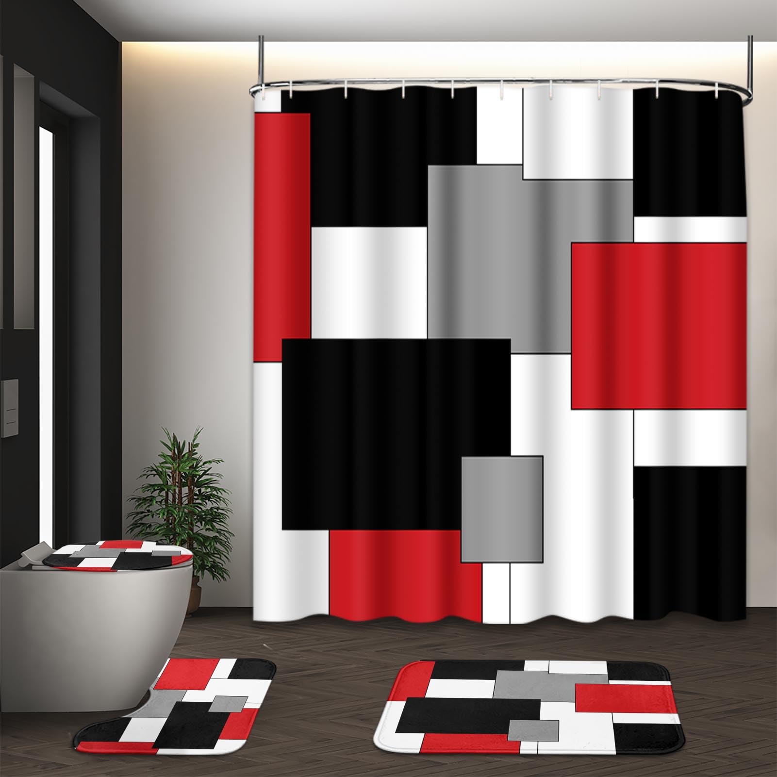 Tayney Red Geometric Shower Curtain Set with Toilet Lid Cover and Non-Slip Rugs for Bathroom  Black White Grey Checkered 4 Pcs Shower Curtain Set  Modern Abstract Bathroom Set with 12 Hooks