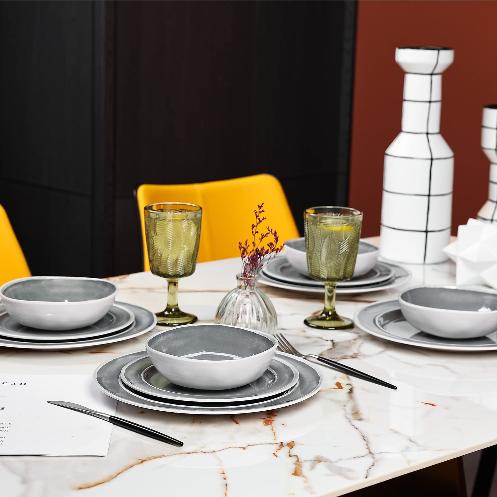 Melamine Dinnerware Set - 12pcs Dishes Dinnerware Set for 4, Indoor and Outdoor use, Dishwasher Safe, Break-resistant, Lightweig