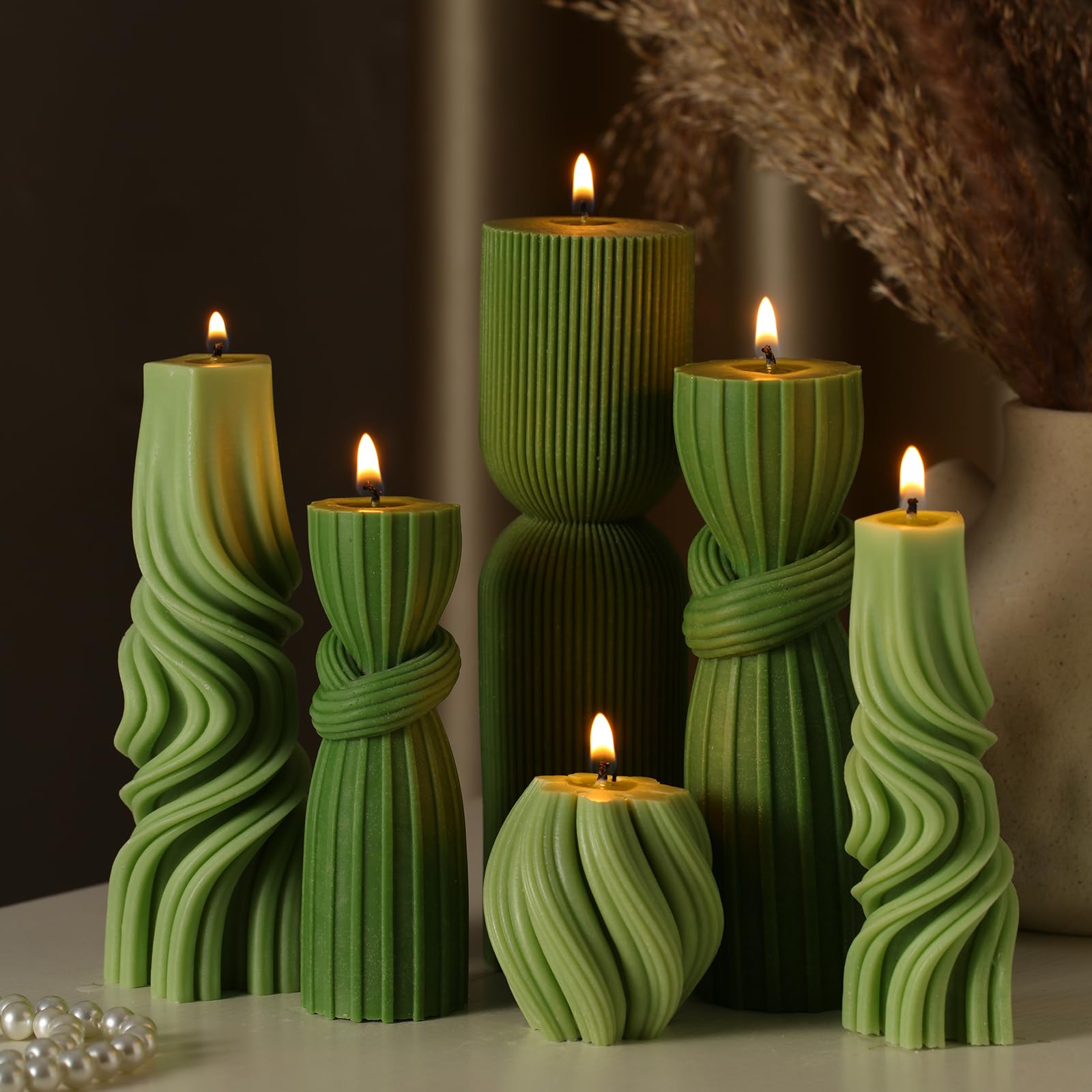 Threlaco 6 Pcs Pillar Candles Modern Aesthetic Ribbed Decorative Candle Set Cute Soy Wax Scented Ribbed Decor for Home(Green,3.3