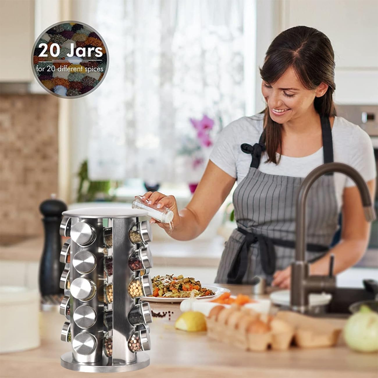 EBIZ&TECH 20-Jar Stainless Steel Rotating Spice Rack with Non-Slip Base - Kitchen Countertop Organizer for Easy Access and Stora