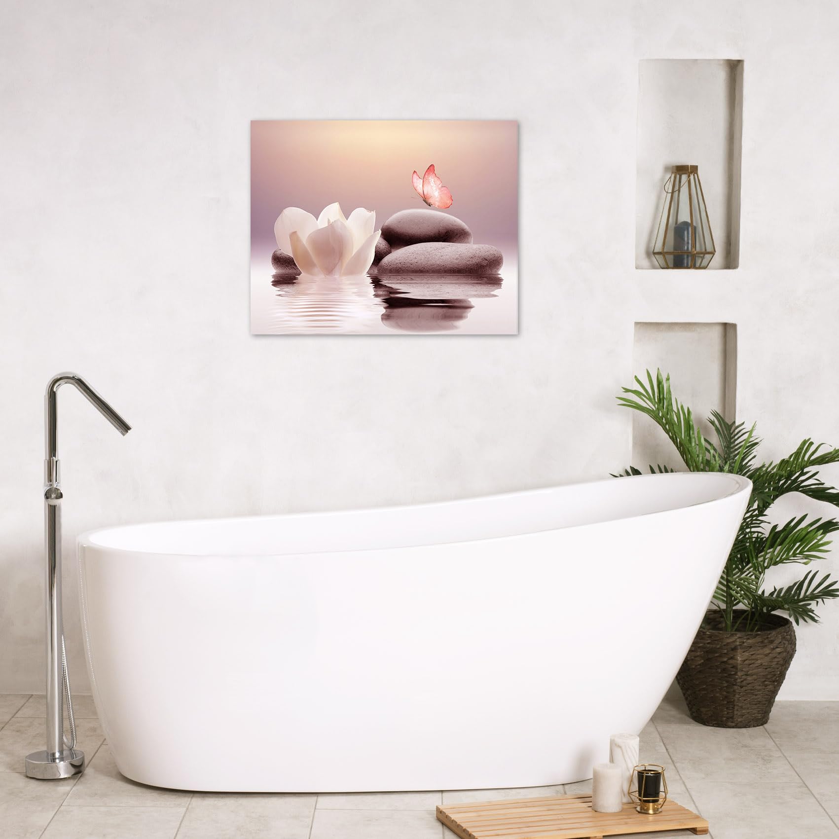 Eobtain Zen Water Lily Canvas Wall Art White Floral And Pink Butterfly On Stone Bedroom Wall Decor Modern Spiritual Yoga Spa Pai