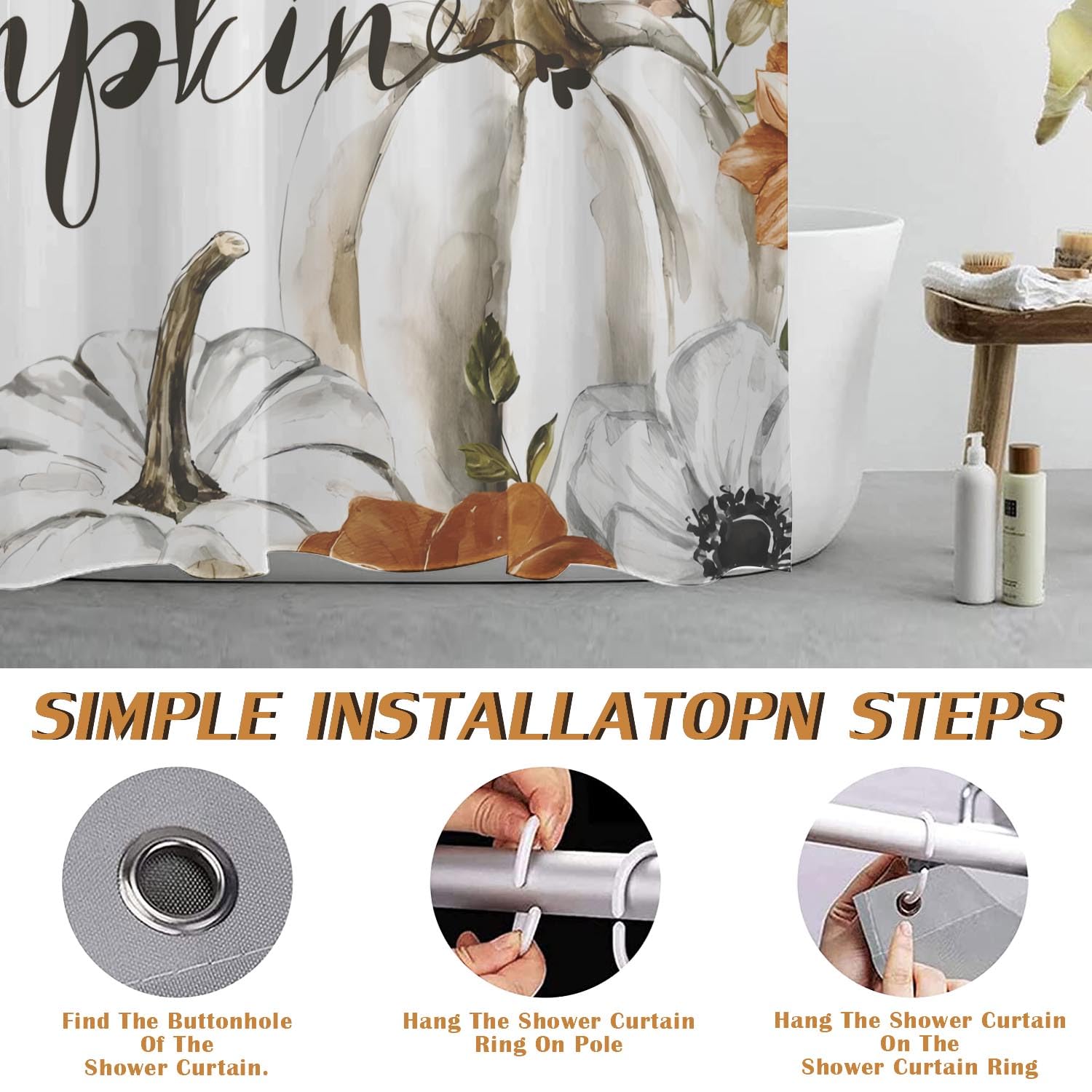 Mloabuc Hello Fall Flower Pumpkins Shower Curtain 72X72Inch, Autumn Plants On White Fall Shower Decor, Nature Print Decor Waterp