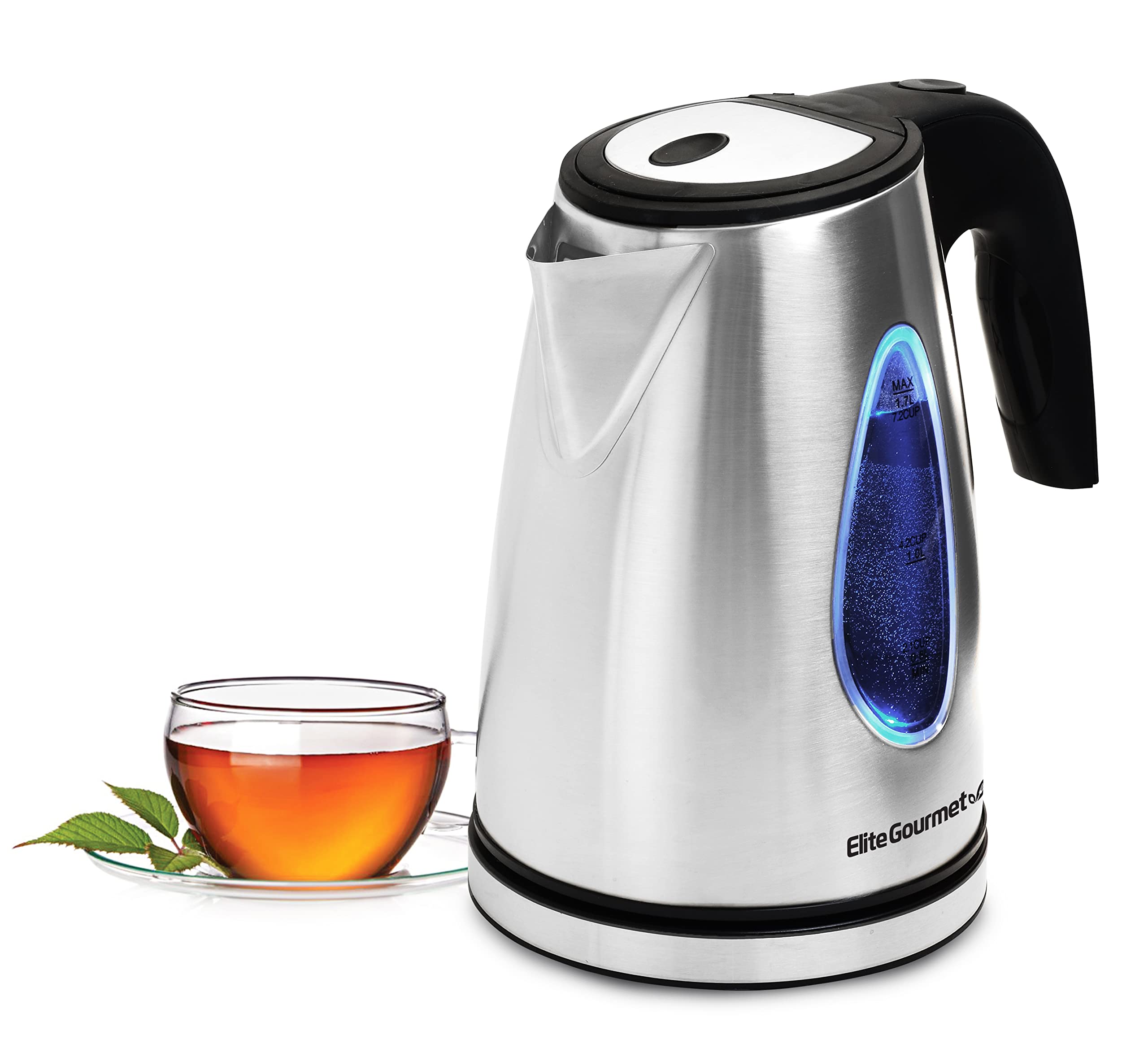 Elite Gourmet Ekt-1271# Ultimate 1.7 Liter Electric Kettle - Stainless Steel Design & Cordless 360 Base, Stylish Blue Led Interi