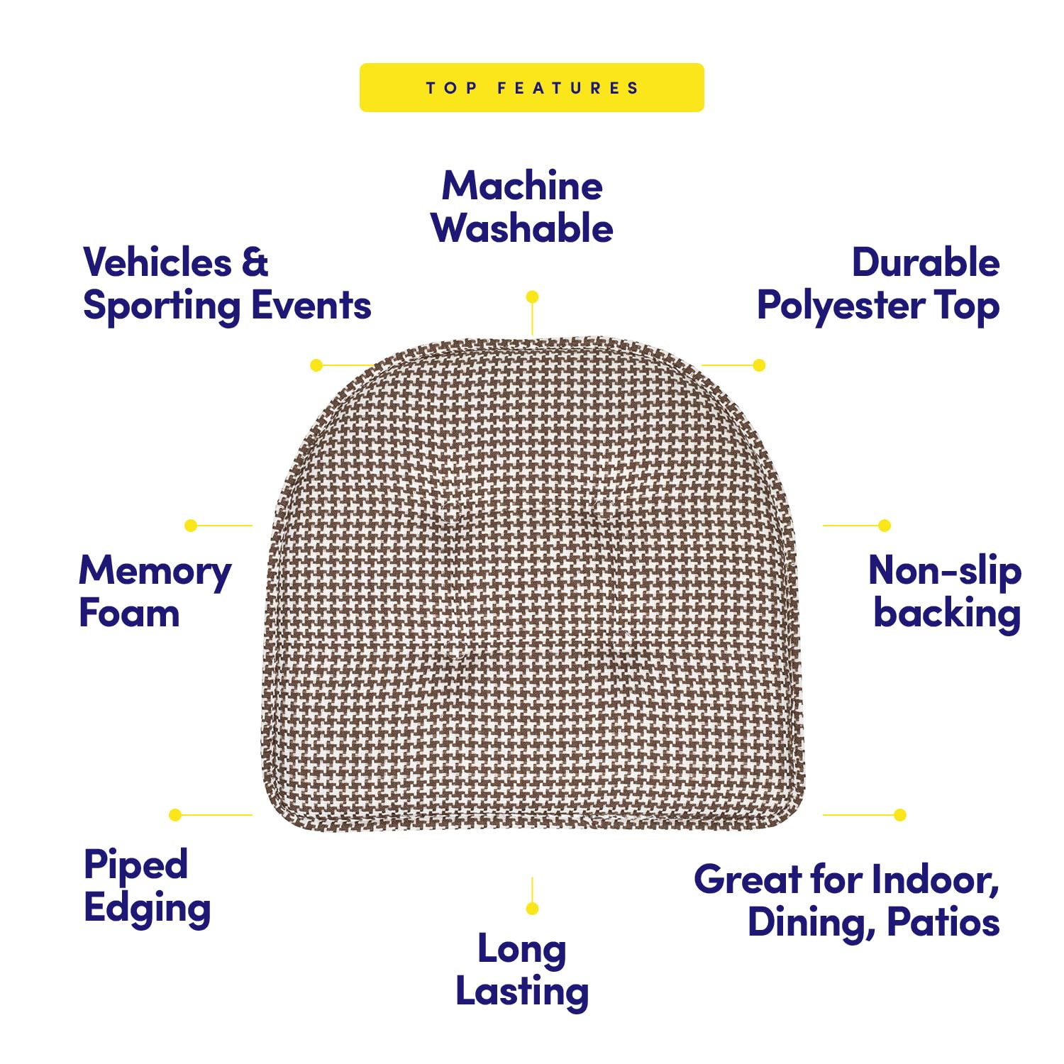 Sweet Home Collection Chair Cushion Memory Foam Pads Tufted Slip Non Skid Rubber Back U-Shaped 17 x 16 Seat Cover, 6 Pack, Hound
