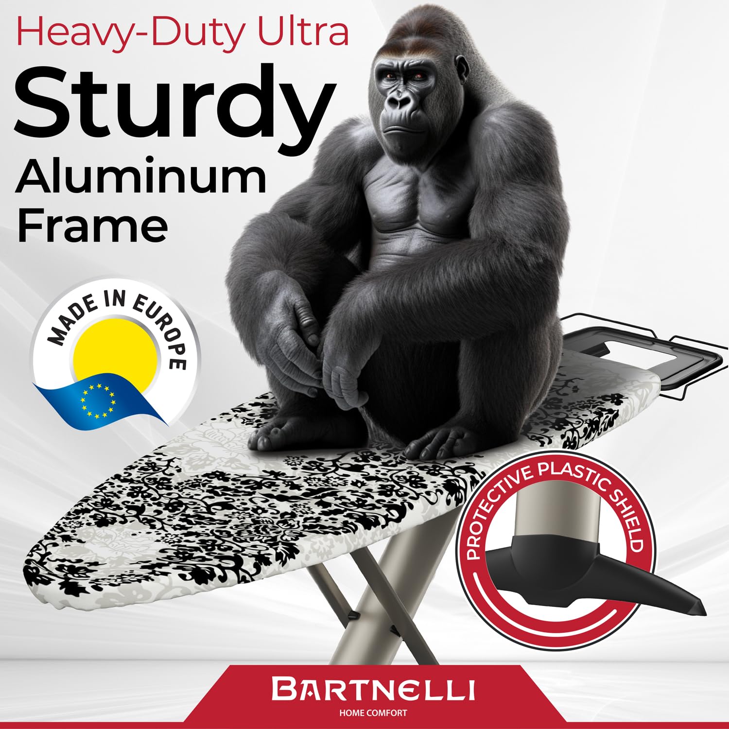 Bartnelli Pro Luxury Ironing Board - Extra Wide 51X19    Steam Iron Rest, Adjustable Height, T-Leg Foldable, European Made