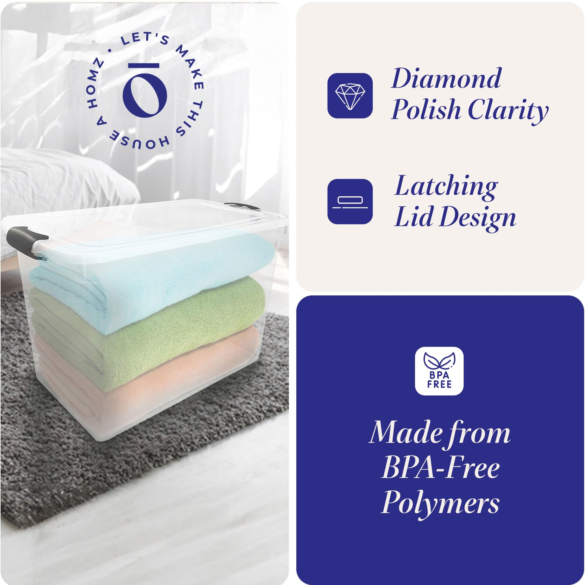 Homz 2-Pack Latching Lid, Large Clear Plastic Storage Bins W/ Lids, 112 Quart, Gray Latch