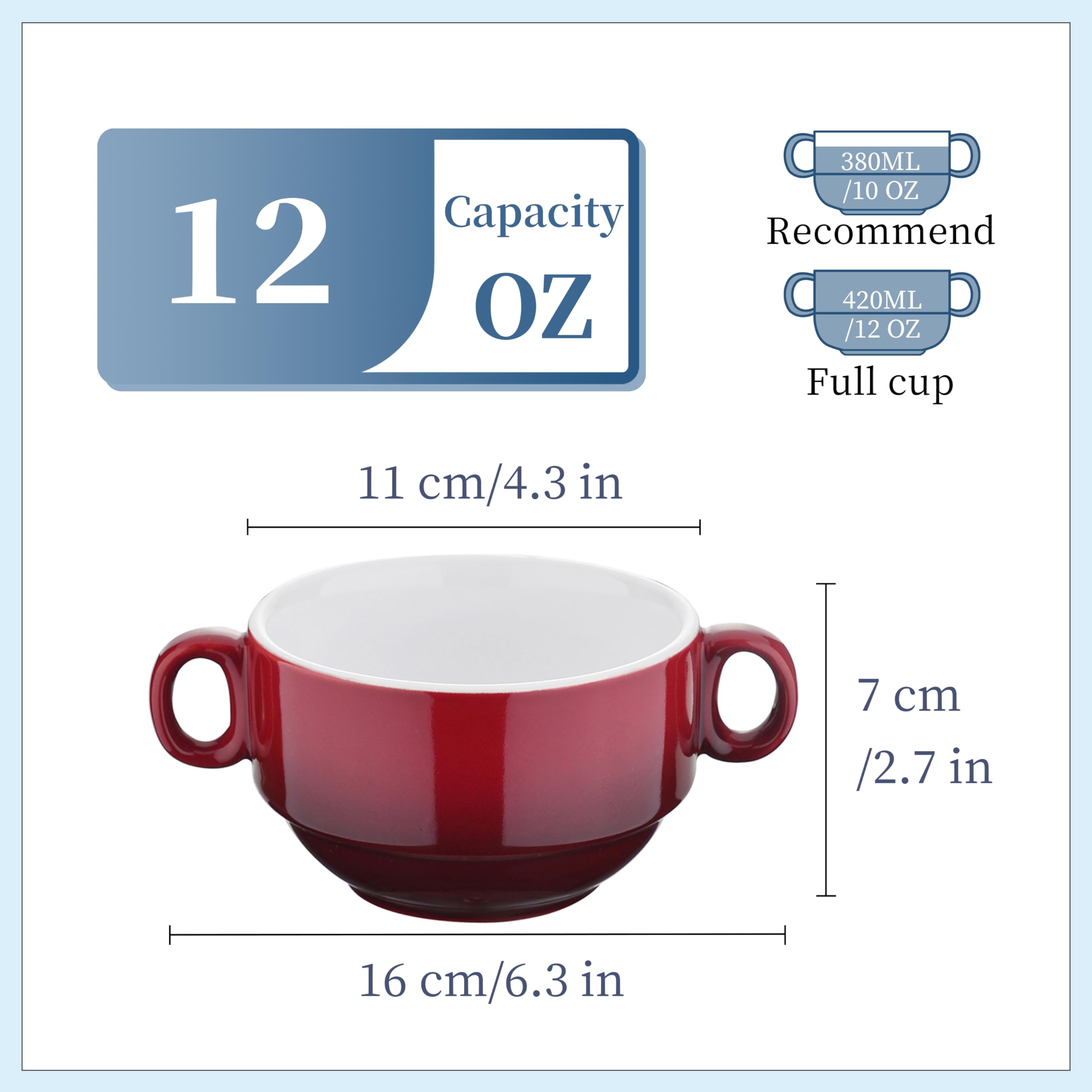 LOVECASA Multi-Color Soup Bowls with Handles  Small Ceramic French Onion Soup Bowls  13 OZ Soup Mugs Serving Bowls for Kitchen  Microwave & Dishwasher Safe  Set of 6