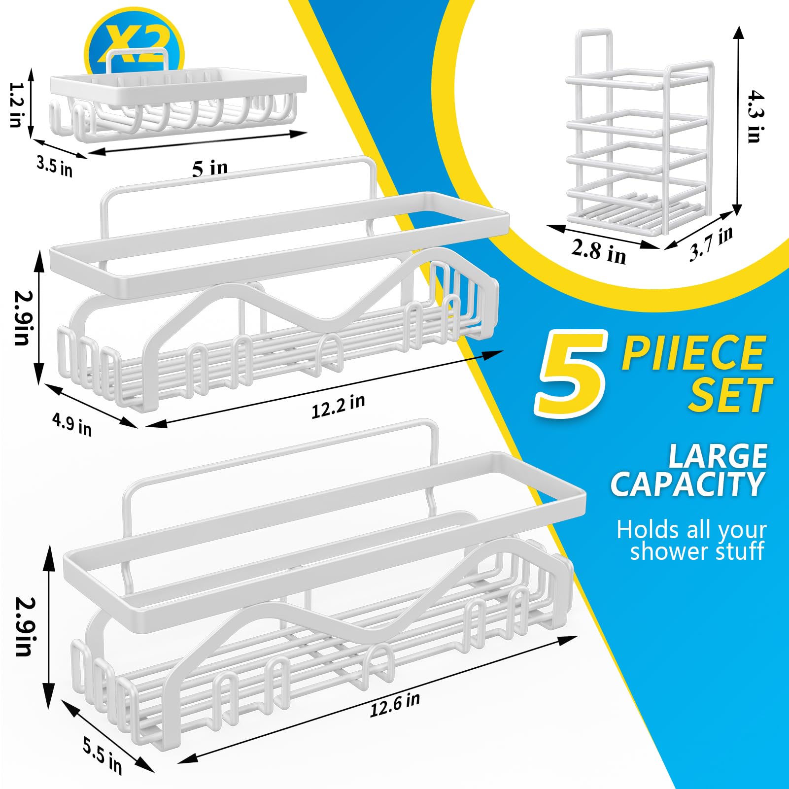 Coraje Shower Caddy, Shower Shelves [5-Pack], Adhesive Shower Organizer No Drilling, Large Capacity, Rustproof Bathroom Shower O