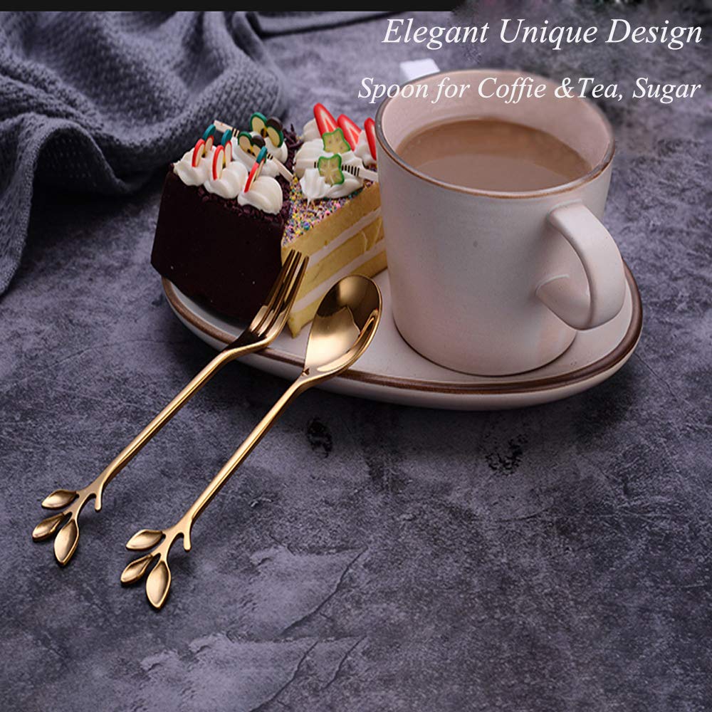 Gold Leaf Espresso Coffee Spoon Appetizer Dessert Fork Ice-Cream Tea Sugar Spoon Fruit Cake Fork Stainless Steel 4.7 Inches Mini