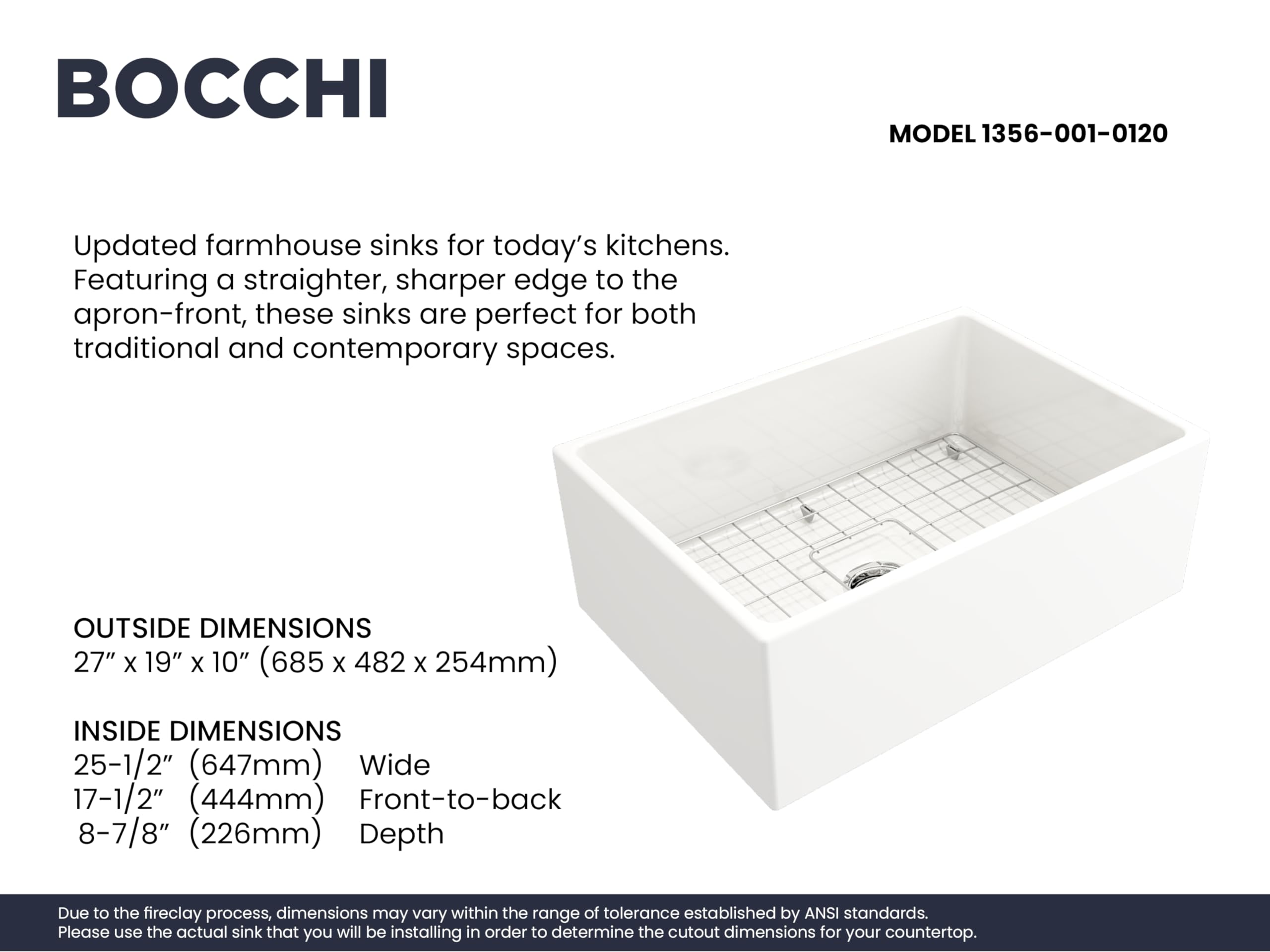 Bocchi Contempo Farmhouse Apron Front Fireclay 27 In. Single Bowl Kitchen Sink With Protective Bottom Grid And Strainer In White
