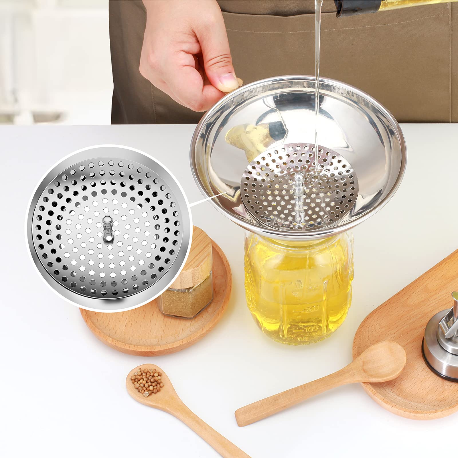 Pisol Canning Funnel For Wide Mouth And Regular Mason Jars, Stainless Steel Kitchen Use Funnels With Strainer For Filling Bottle