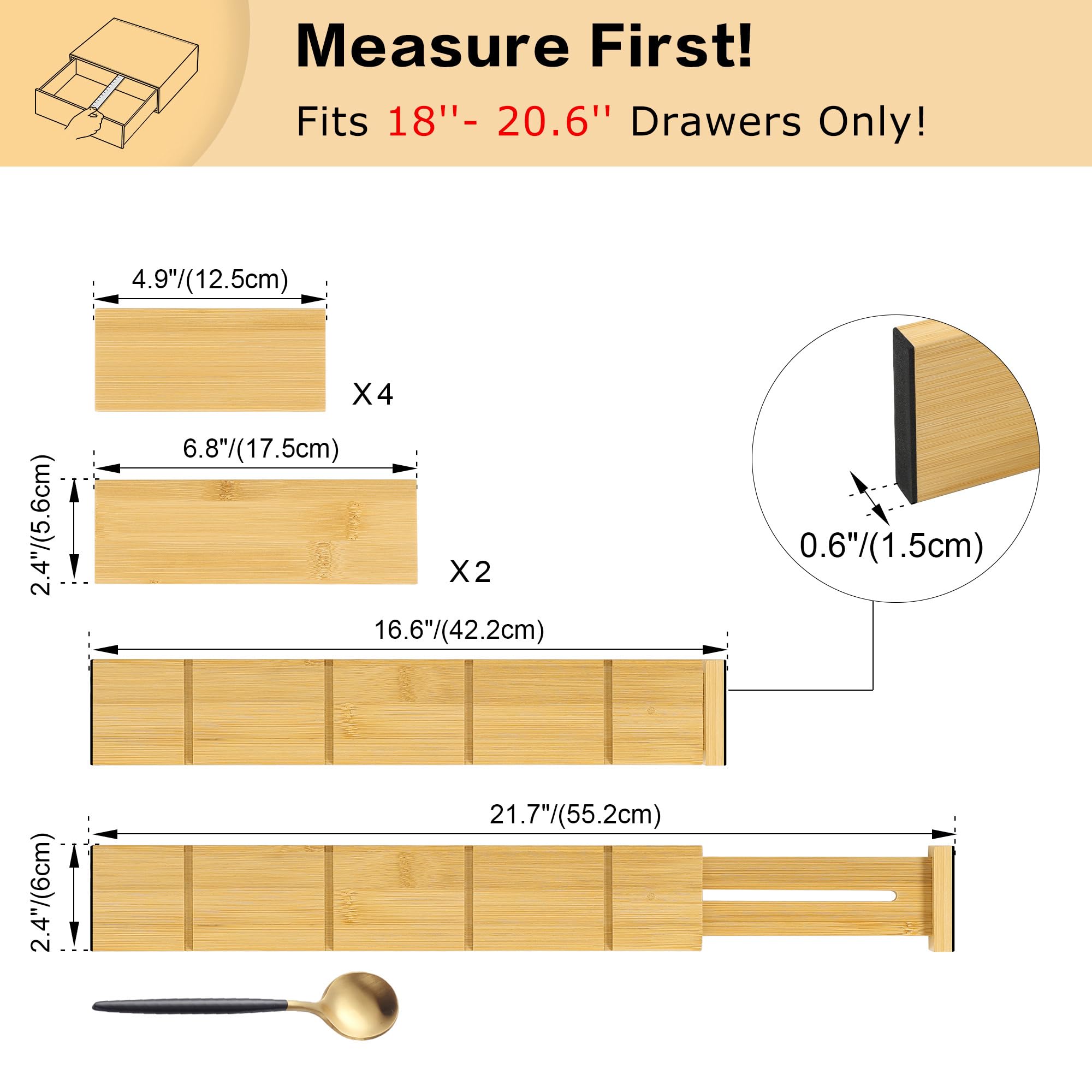 Utoplike Kitchen Drawer Divider with Inserts, Bamboo Drawers Organizer Adjustable, 4 pcs Large Expandable Wood Socks Drawer Orga