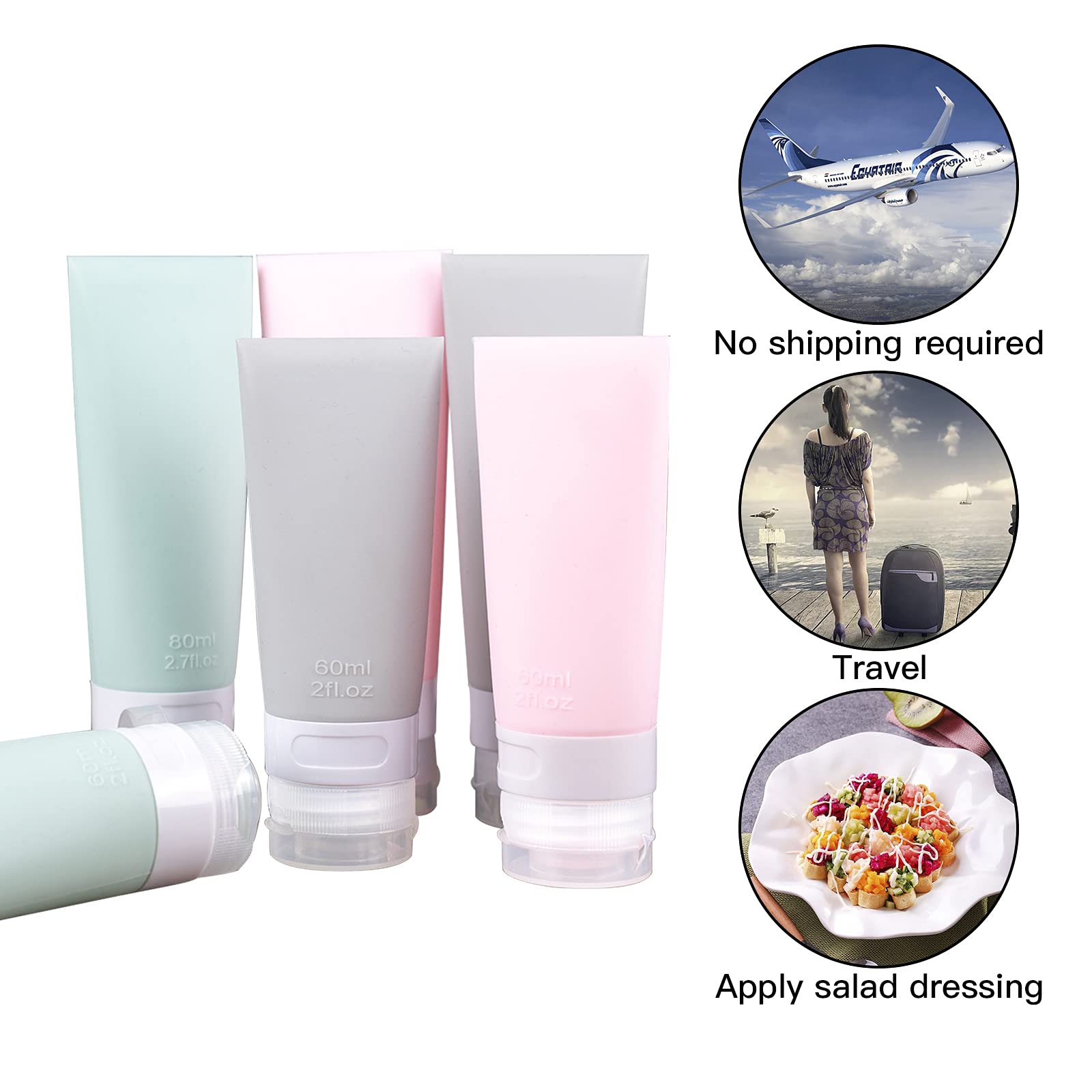 Portable Soft Silicone Travel Bottles Set - 6 Pack Leakproof Silicone Travel Bottles,Cosmetic Toiletry Containers(Pink+Green+Gre
