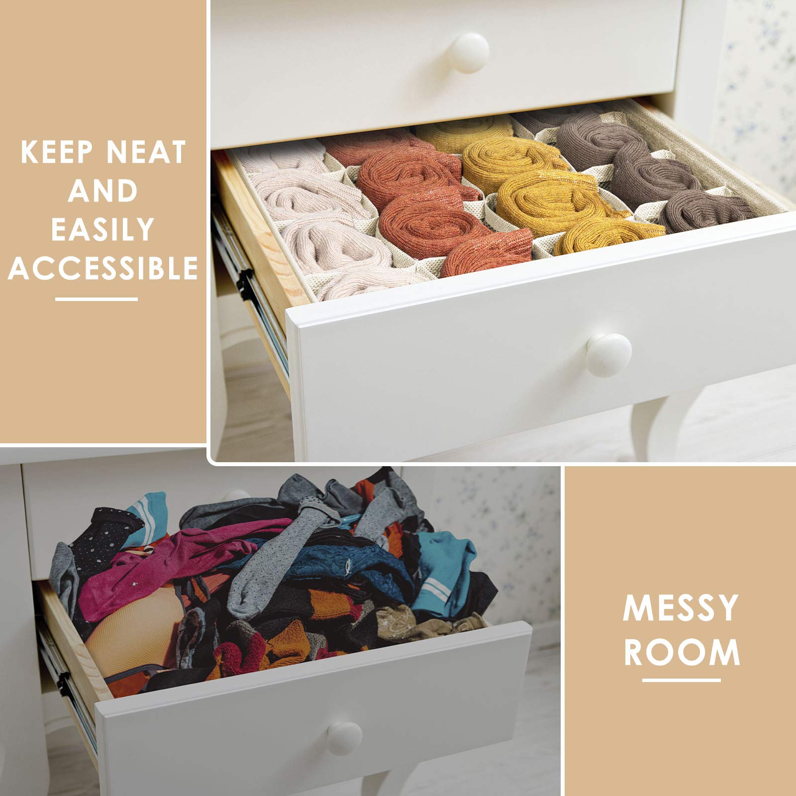 Criusia 3 Pack Sock Underwear Drawer Organizer Dividers, 64 Cell Fabric Foldable Cabinet Dresser Closet Organizers and Storage B