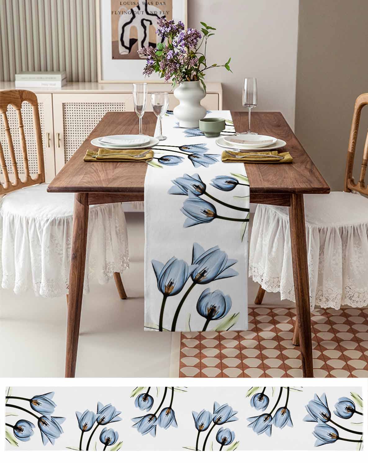 Floral Table Runner-Blue Tulip Cotton Linen-Long 120 Inche Dresser Scarves,Flower Rustic Tablerunner For Kitchen Coffee/Dining T