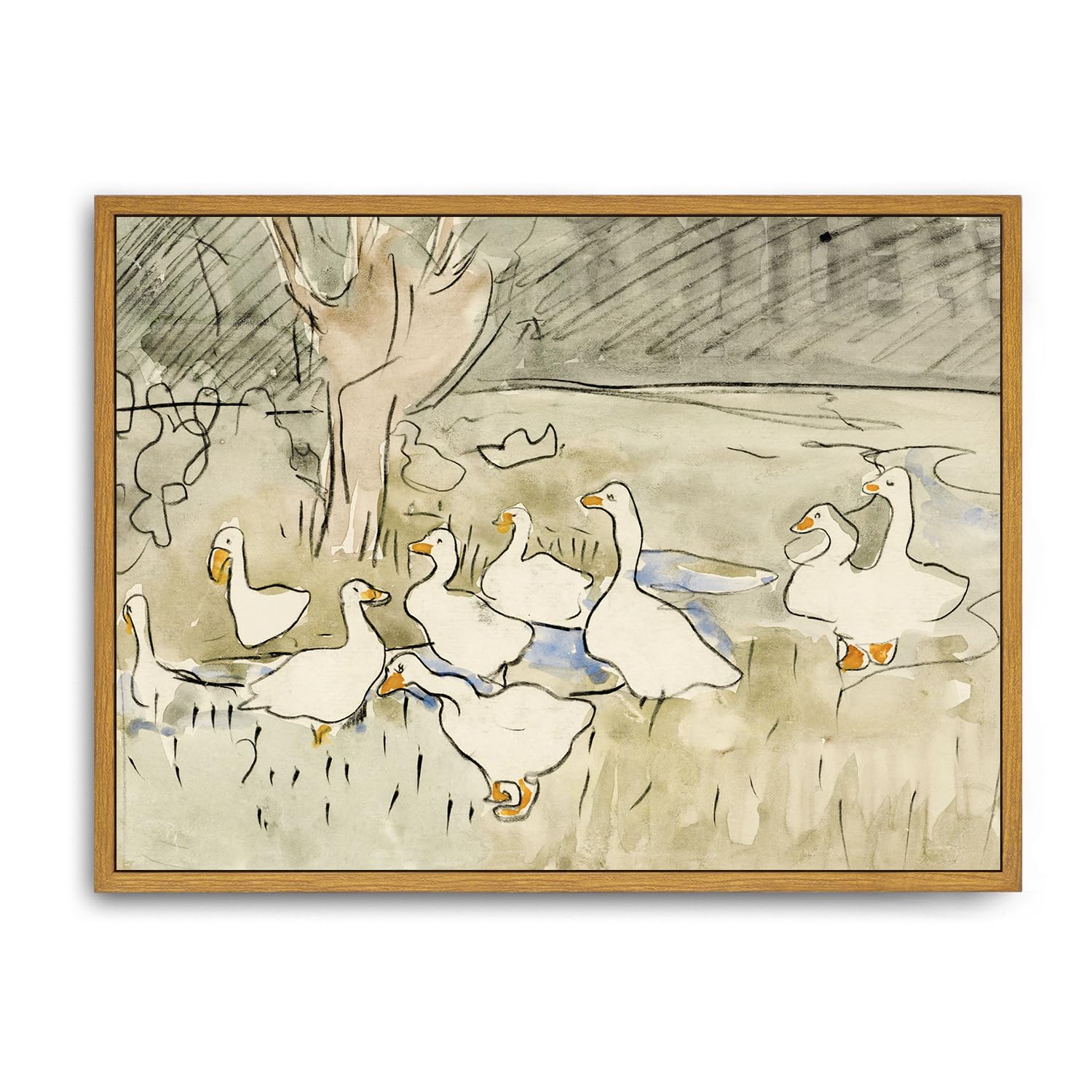 Roslynity Framed Canvas Wall Art Vintage Print Paintings Ducks Nursery Abstract Animal Drawing Country Retro Aesthetic Artwork F