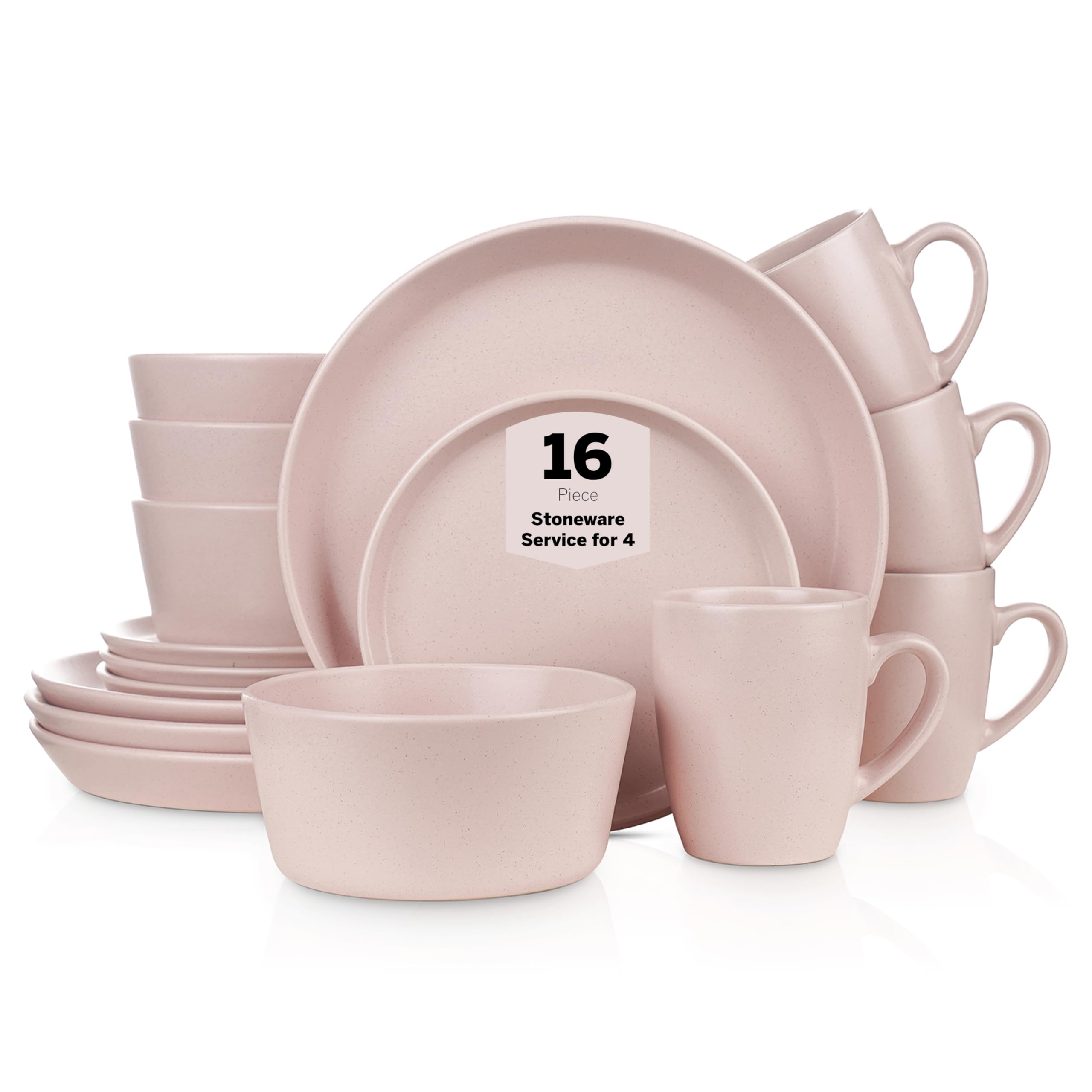 Stone Lain Albie Stoneware 16-Piece Modern Dinnerware Set, Kitchen Plates and Bowls Sets, Dish Set for 4, Pink