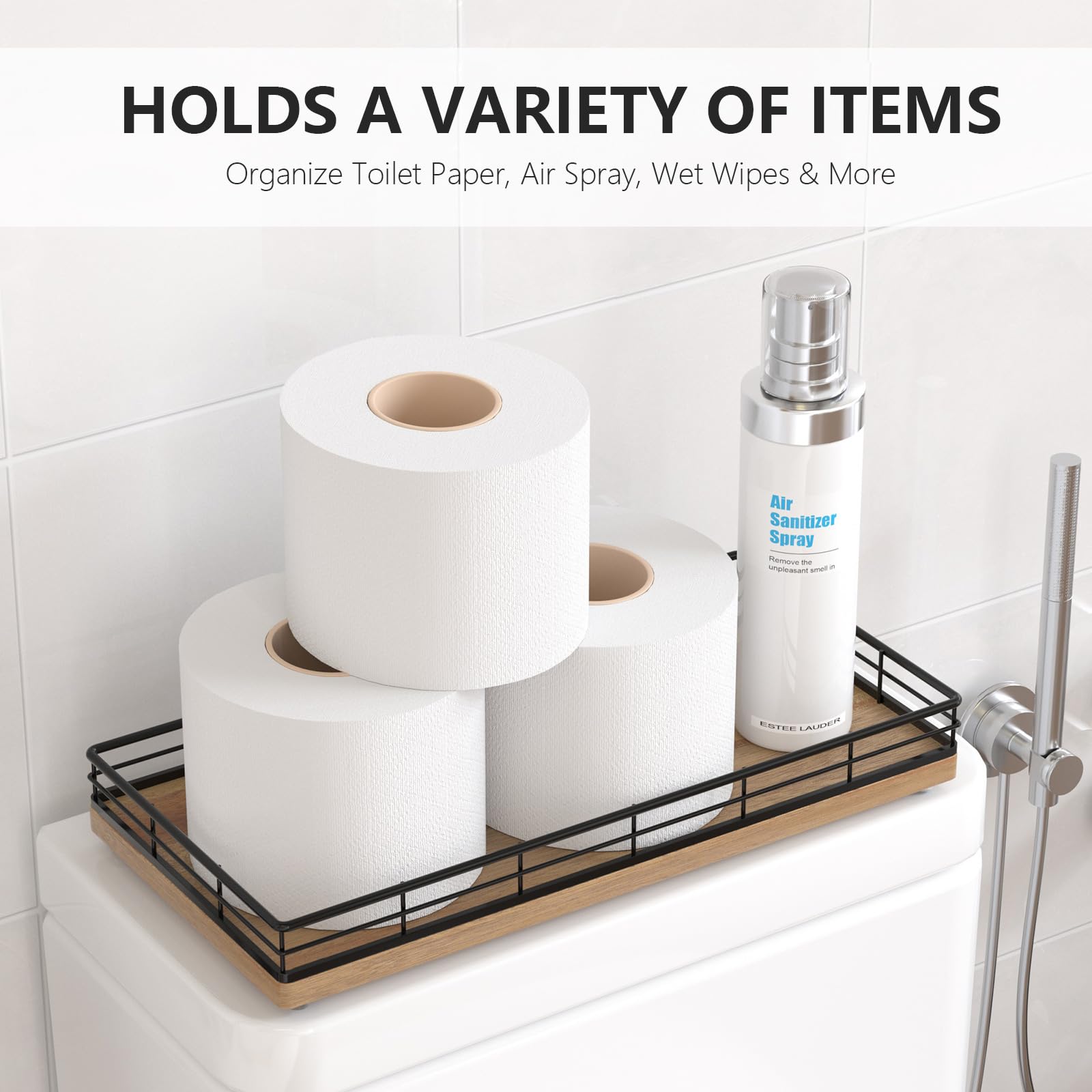Toilet Paper Basket Organizer - Acacia Wood Toilet Tank Tray with Metal Frame, Back of Tank or Top Bathroom Counter Storage - Bl