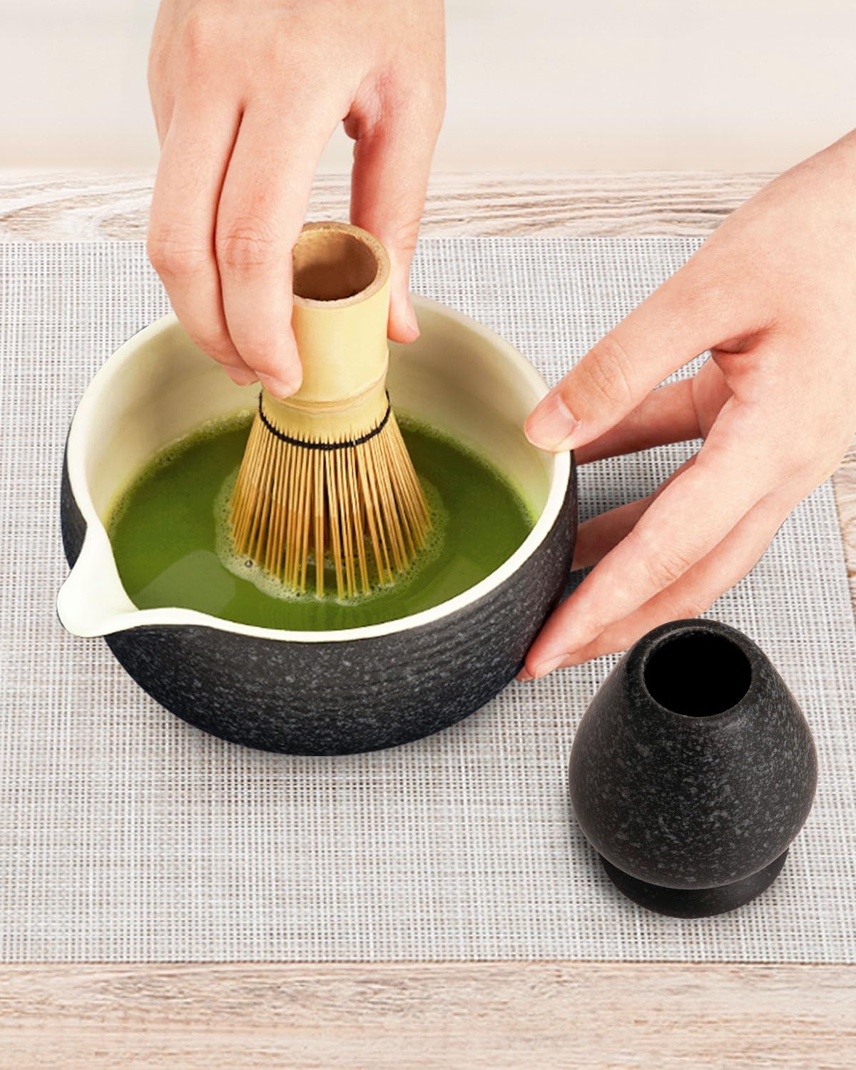 Joiish Matcha Bowl With Spout, Ceramic Matcha Bowl And Whisk Holder Set, Matcha Mixing Bowl For Whisking Matcha, Charcoal Grey (