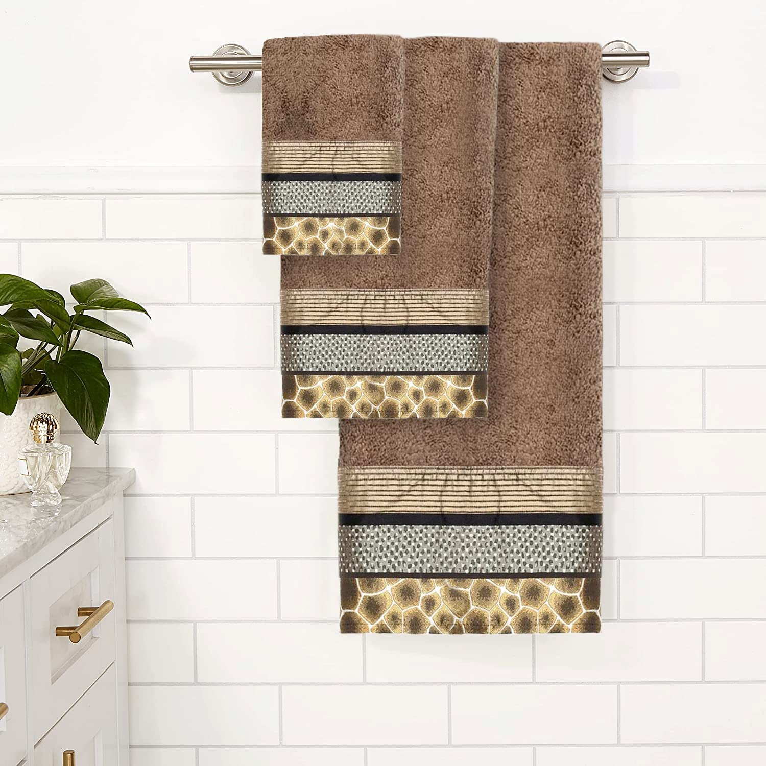 Popular Bath Safari Stripes Towel Set 3 Pieces Chocolate, Size 24''X 44'', Hand Towel Measures 16''X 27'', Wash Towel Measures,