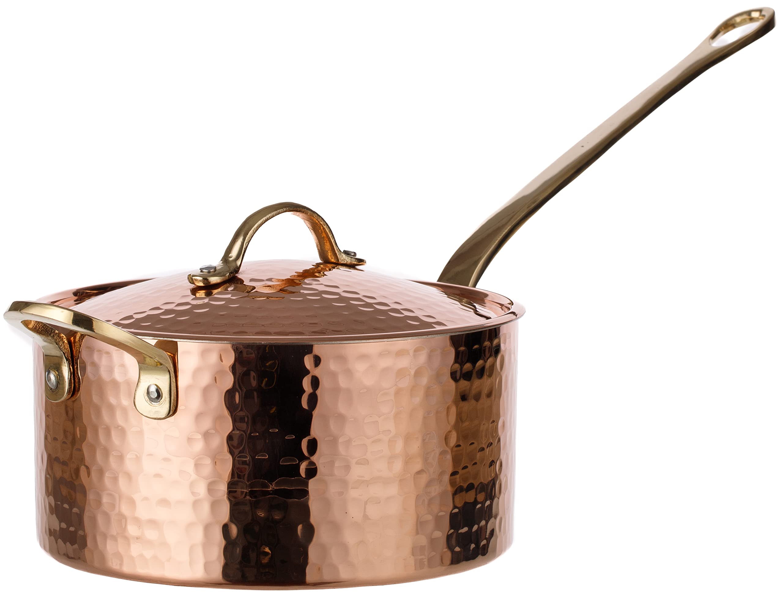 DEMMEX 1.2mm Thick Hammered Uncoated Copper Saucepan with Lid & Helper Handle, Food-Safe Tin Lined (1.7-Quart)