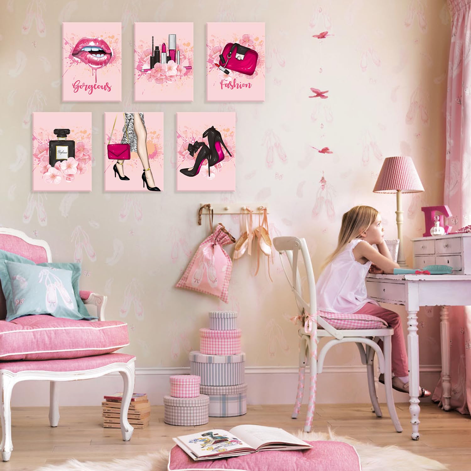 Hpniub Fashion Wall Art, Glam Wall Decor For Living Room, Set Of 6 Piece (12X16Inch,Framed) Pink Girly Beauty Room Pictures Mode