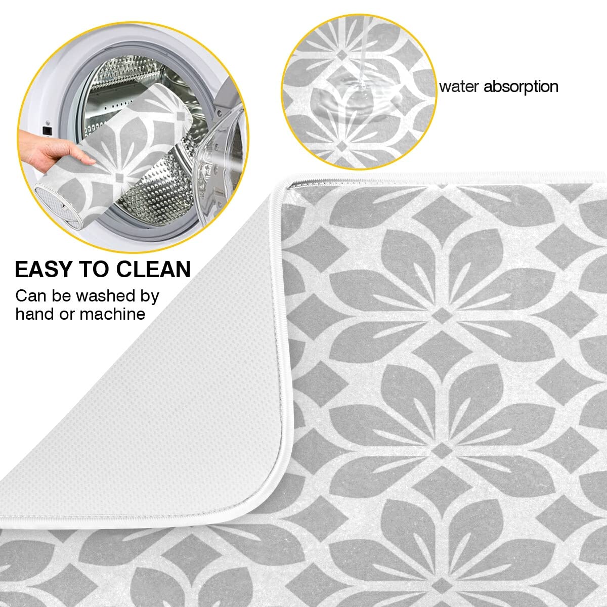 Grey and White Flowers Leaves Dish Drying Mat 18x24 for Kitchen Geometric Leaf Floral Pattern Gray Dishes Pad Dish Drainer Rack Mats Absorbent Fast Dry Kitchen Accessories