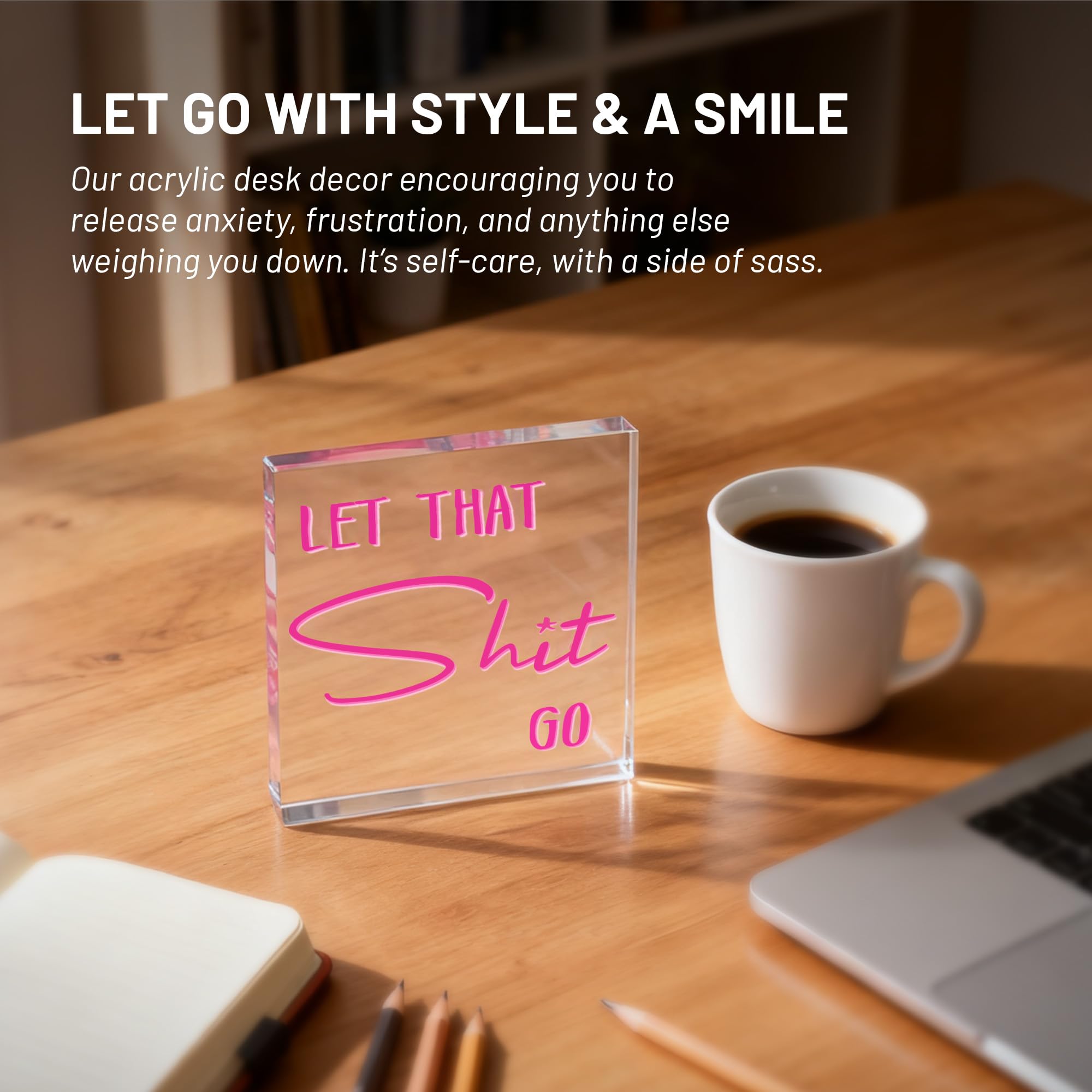 Pink Inspirational Desk Decor for Office, Home, Funny Acrylic Bathroom Signs 4x4 Inches - Humor for Half & Guest Bathrooms, Self