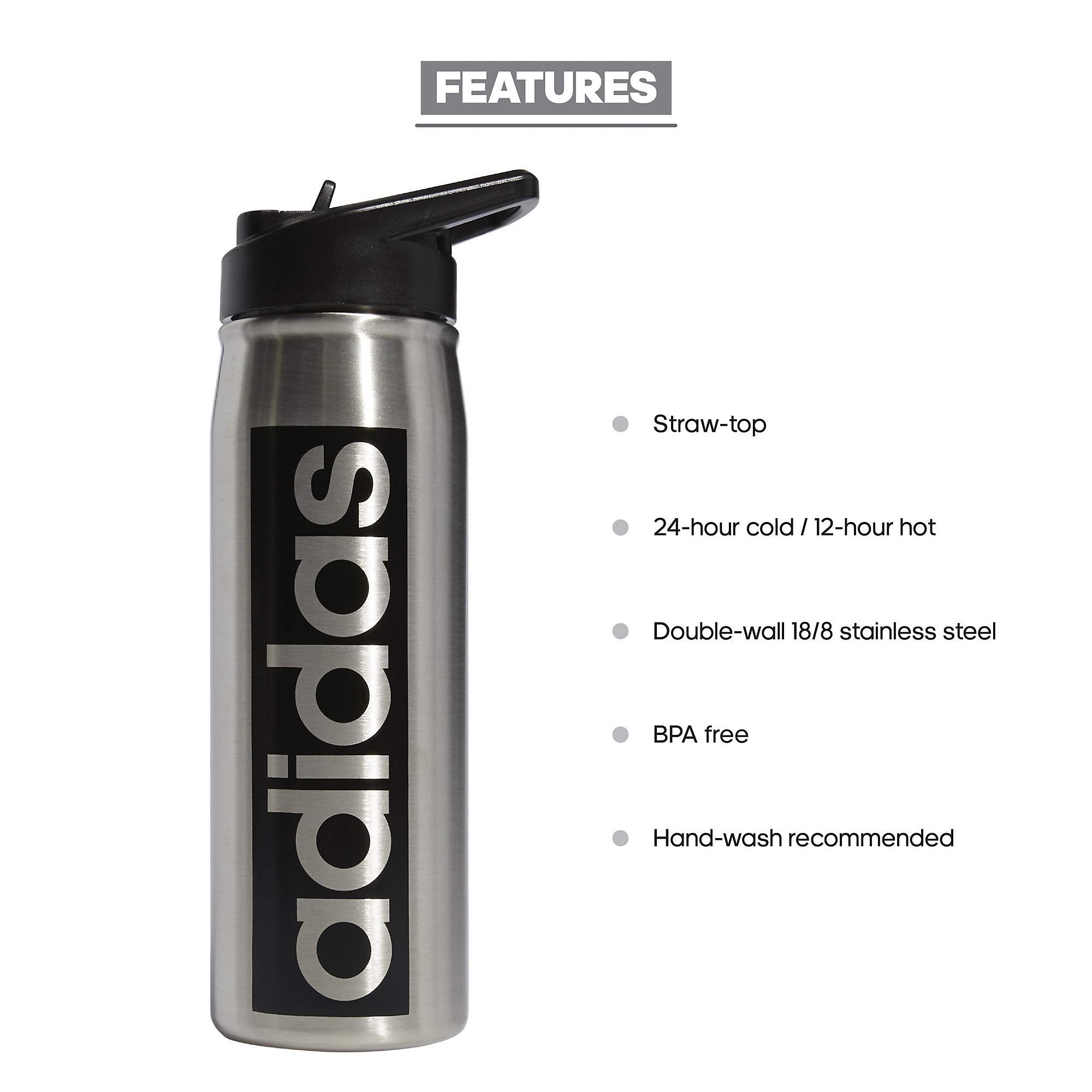Adidas 600 Ml (20 Oz) Straw Top Metal Water Bottle, Hot/Cold Double-Walled Insulated 18/8 Stainless Steel, Stainless Steel/Black